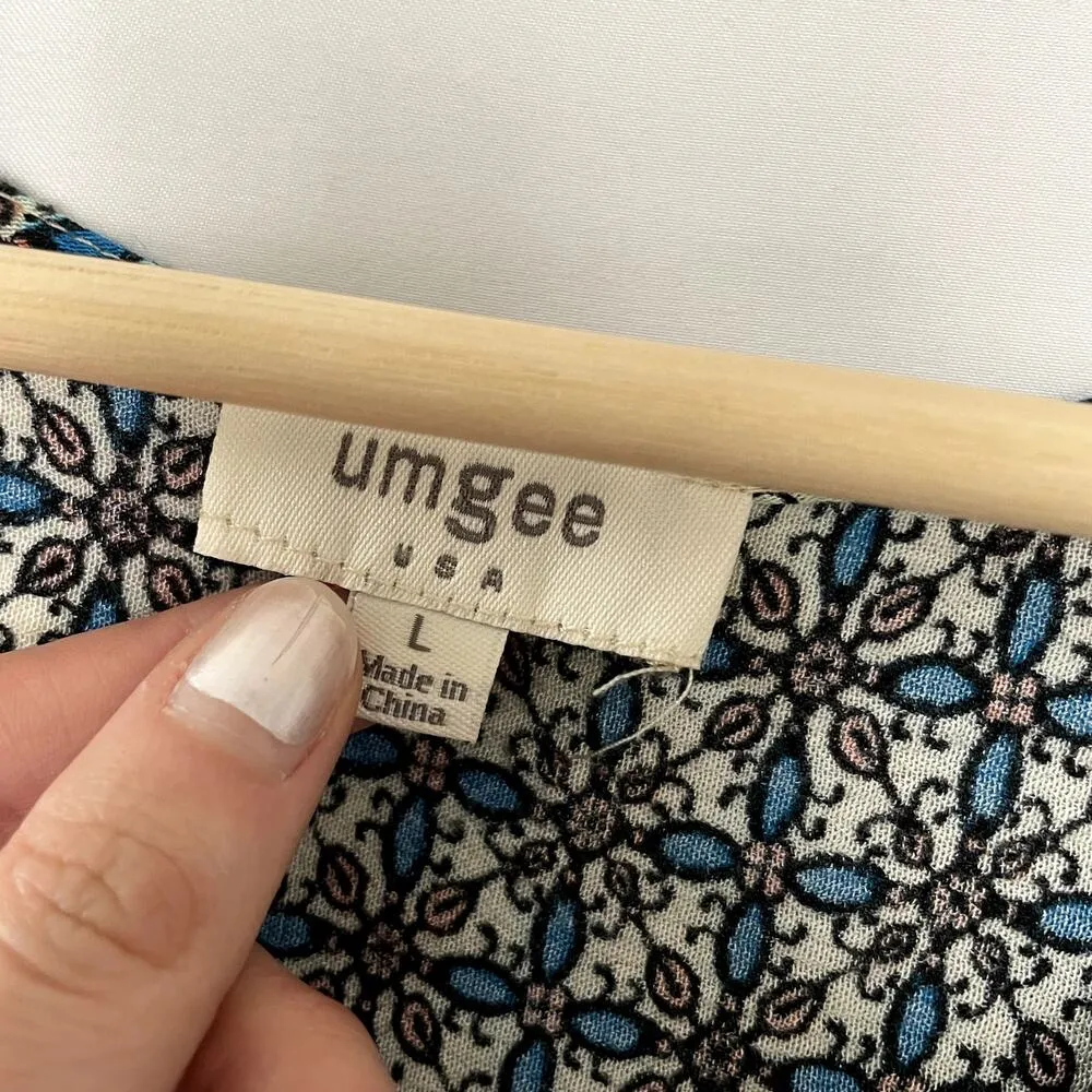 Umgee USA blue patterned flowy bell sleeves midi length dress women's L v-neck - Image 4