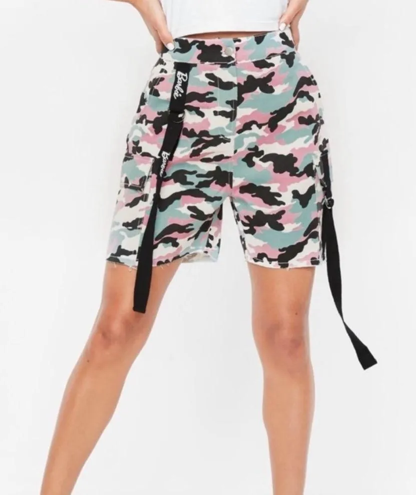 Missguided Barbie high rise pink camouflage high rise raw hem retro army shorts - Image 3