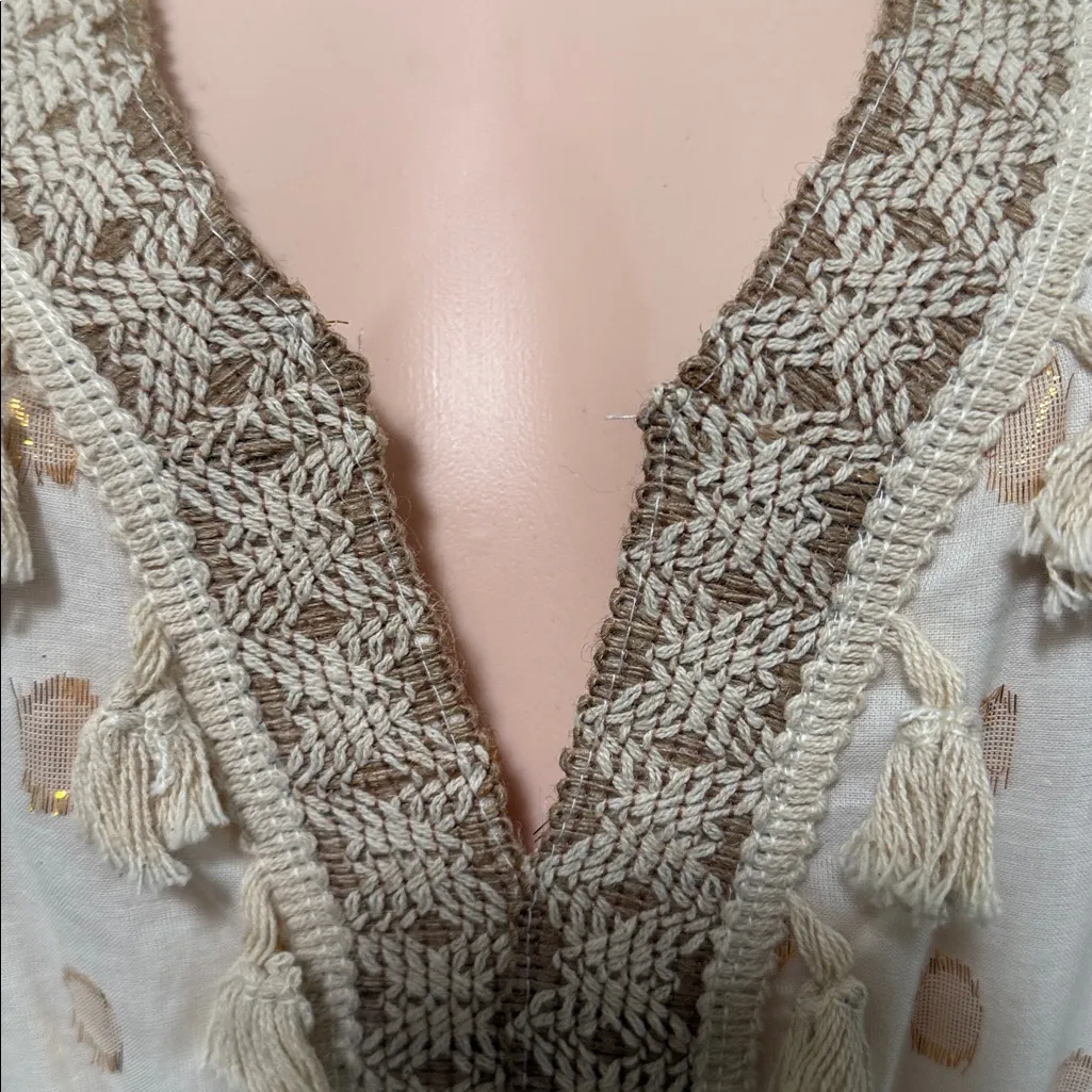 Dress NAOO NWOT woman size large bohemian style dress tassel rose gold specks Tan - Image 5