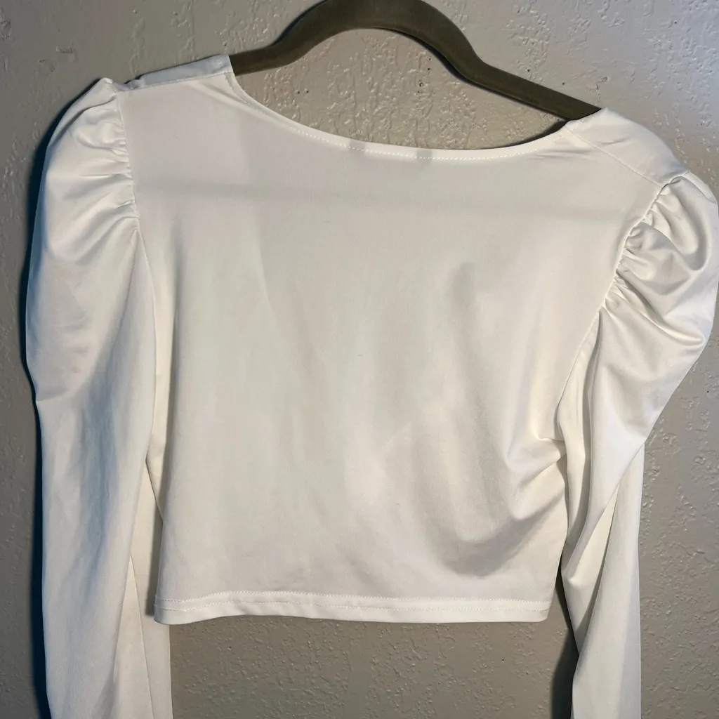 SHEIN White Ruched Long Sleeve Crop top Blouse Wide Neck Sz S T-shirt Y2K - Image 7