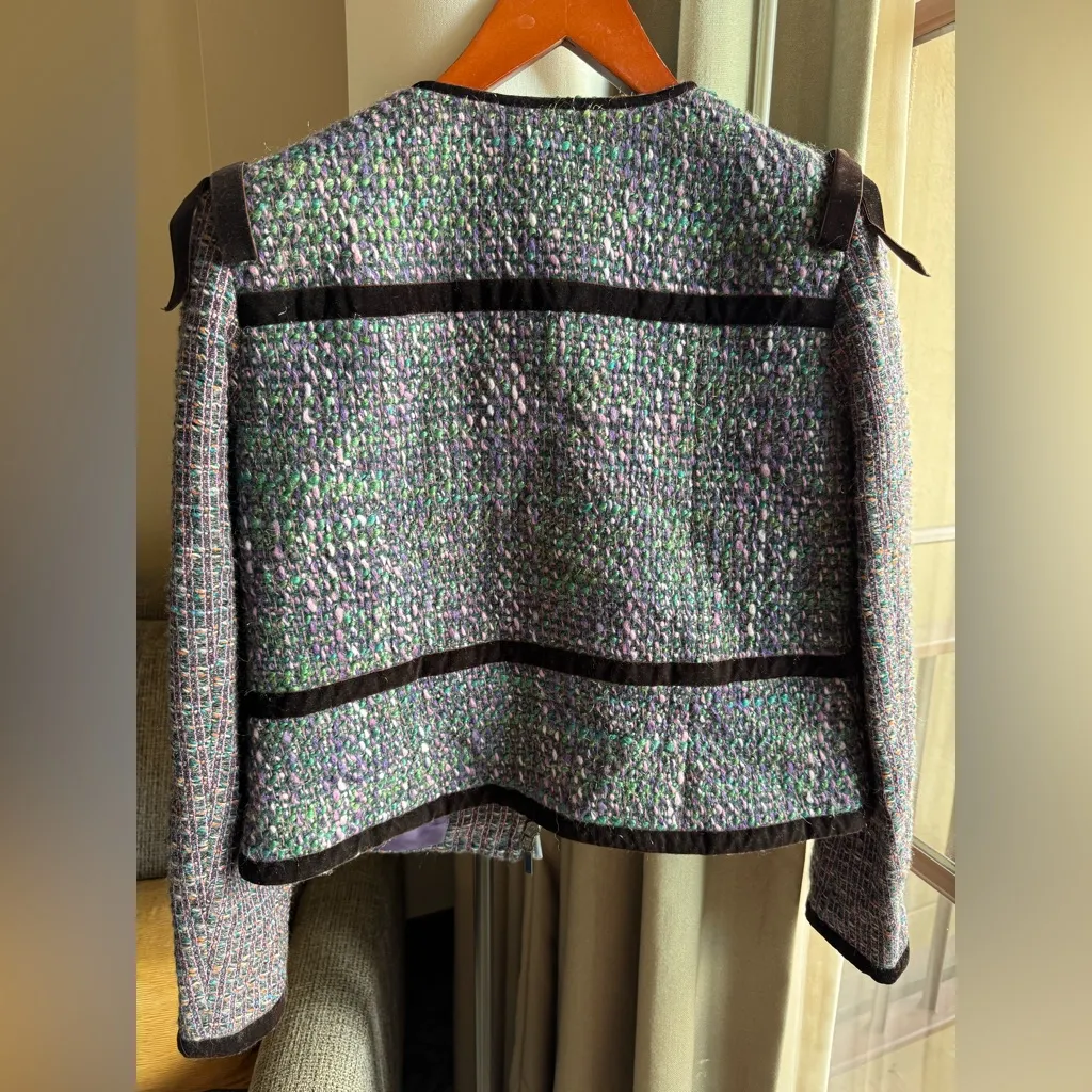 $698 Worth NYC Amethyst Tweed Velvet Ribbon Trim Pocket Wool Blend Jacket Size 8 Green - Image 7