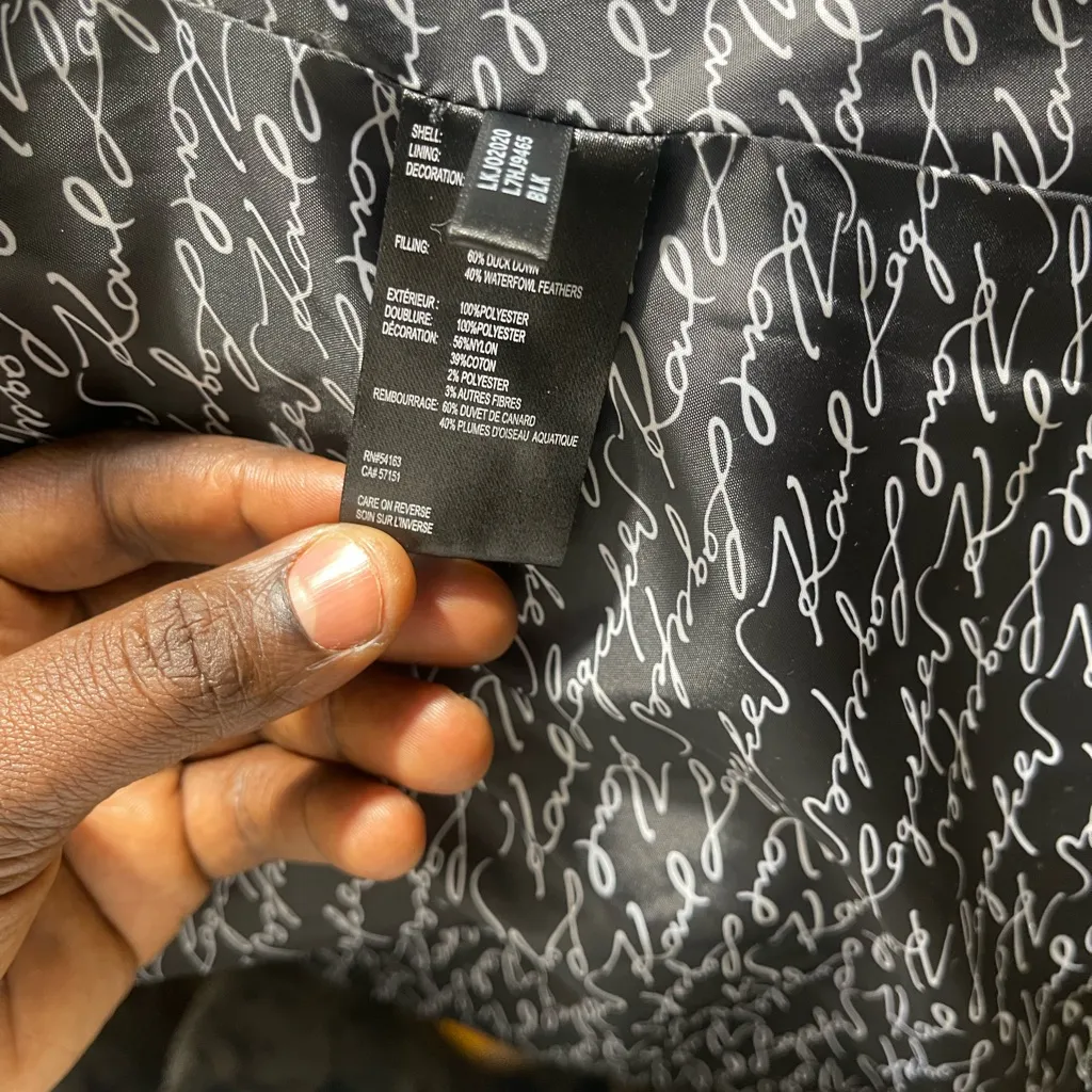 Karl Lagerfeld Black & Gold Tweed Detail Front Zip Puffer Jacket size XL - Image 6