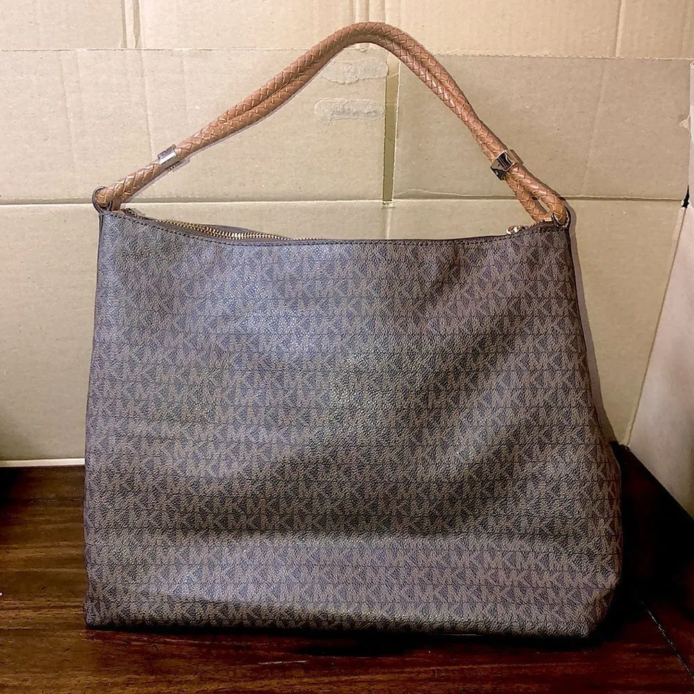 MICHAEL KORS Brown Logo Top Zipper Close Shoulder Bag w Braided Shoulder Strap - Image 2