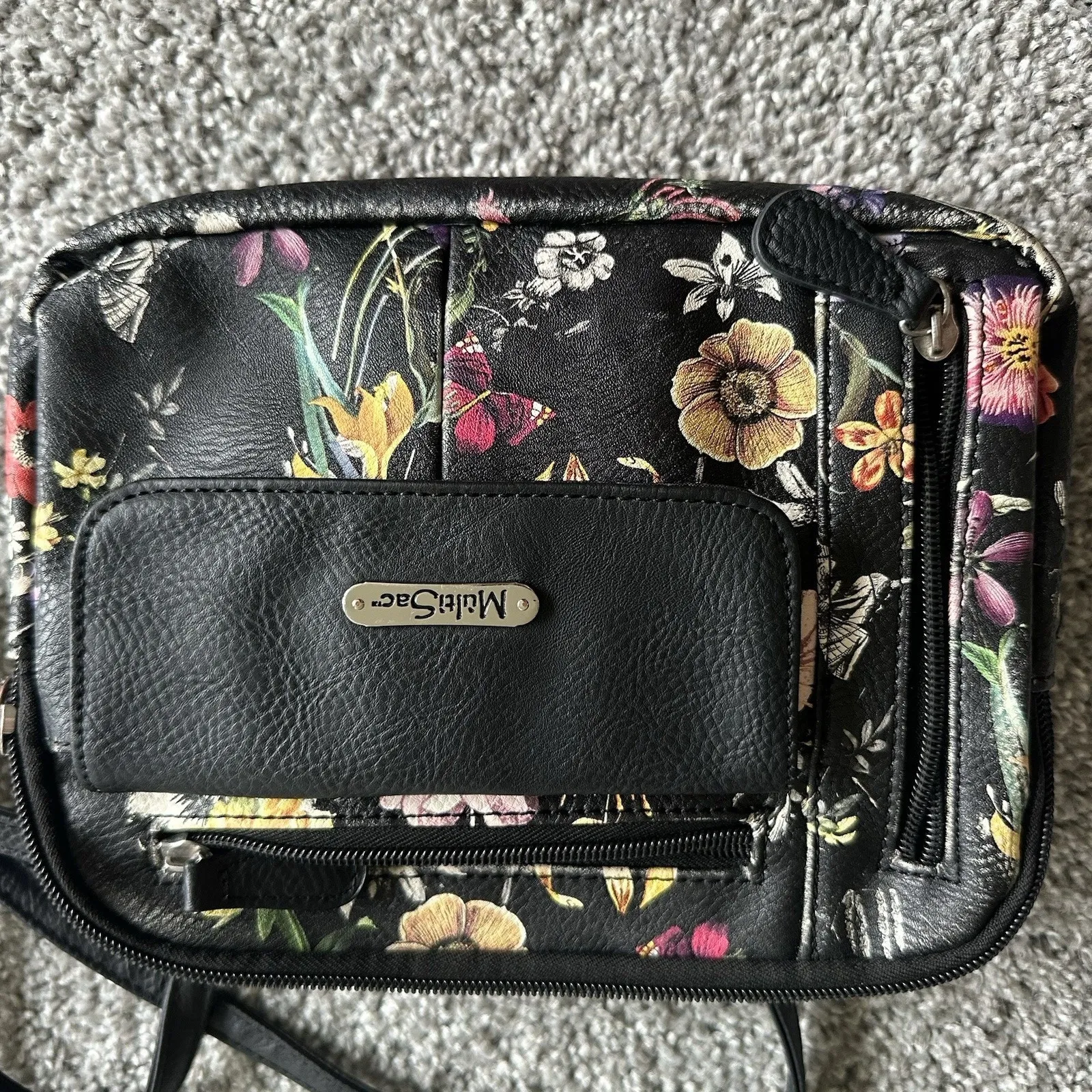Beautiful Black Floral Print Multi Sac Crossbody Purse Bag So Many Pockets!‎ - Image 10