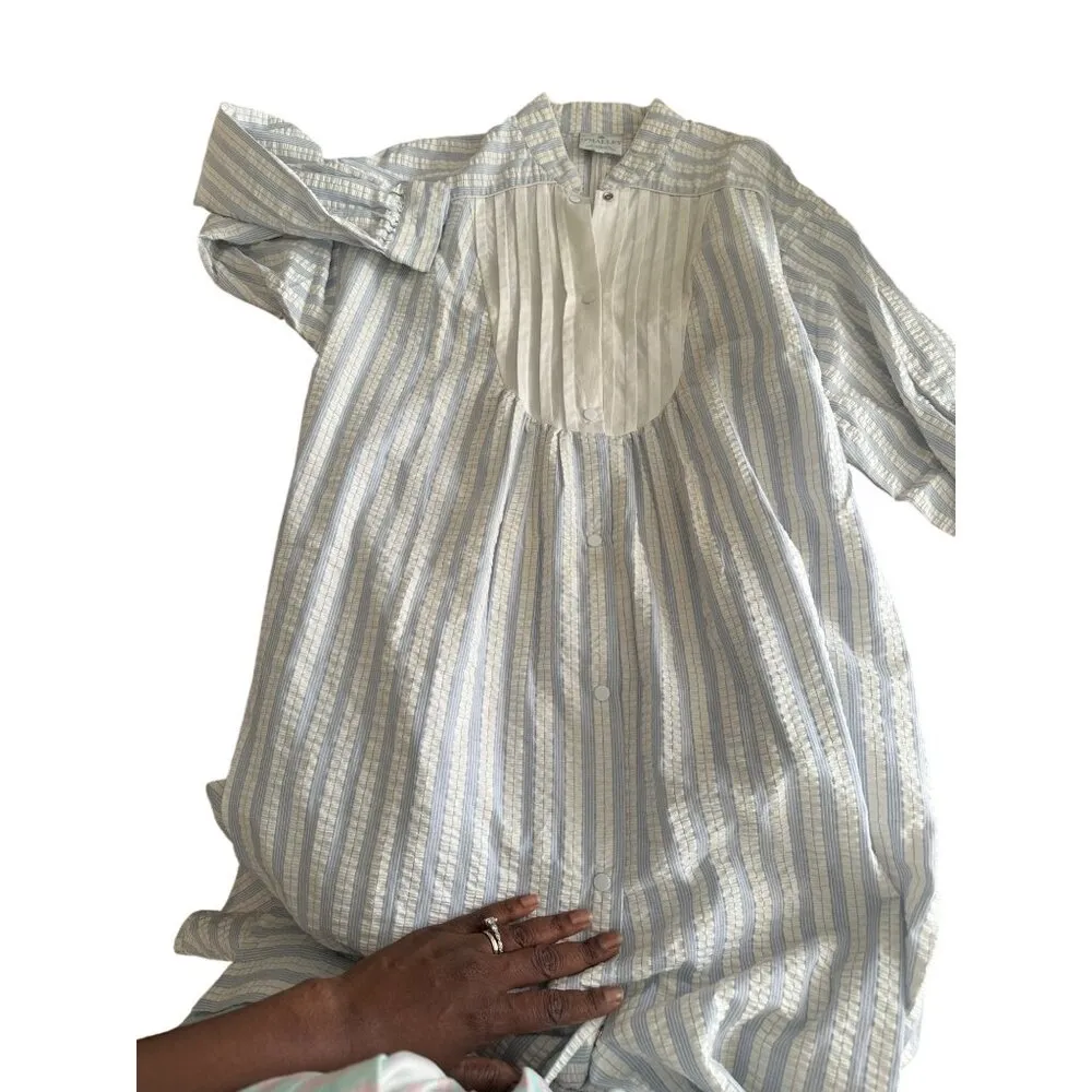 Victorian Style Striped Nightgown By Gilligan OMalley Long White & Blue Size S - Image 13