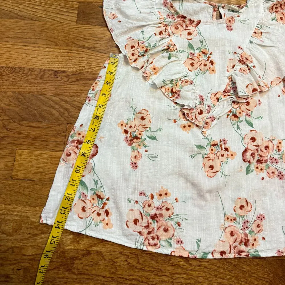 ANA Womens Large White Peach Floral Ruffle Key hole Cotton Blend Shirt Cottage - Image 5