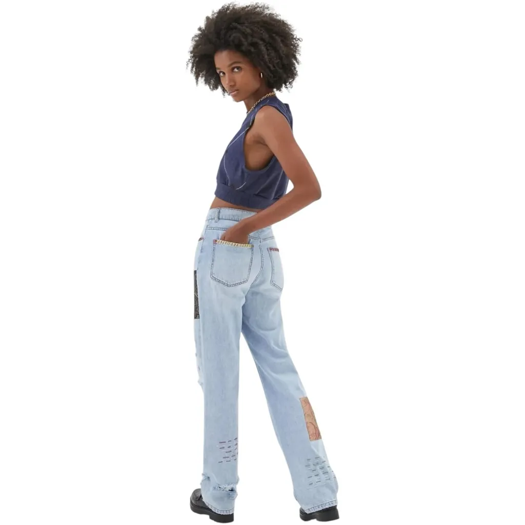 BDG High Waisted Cowboy Jeans Printed Patchwork Distressed Boho  Straight Leg 26 - Image 4