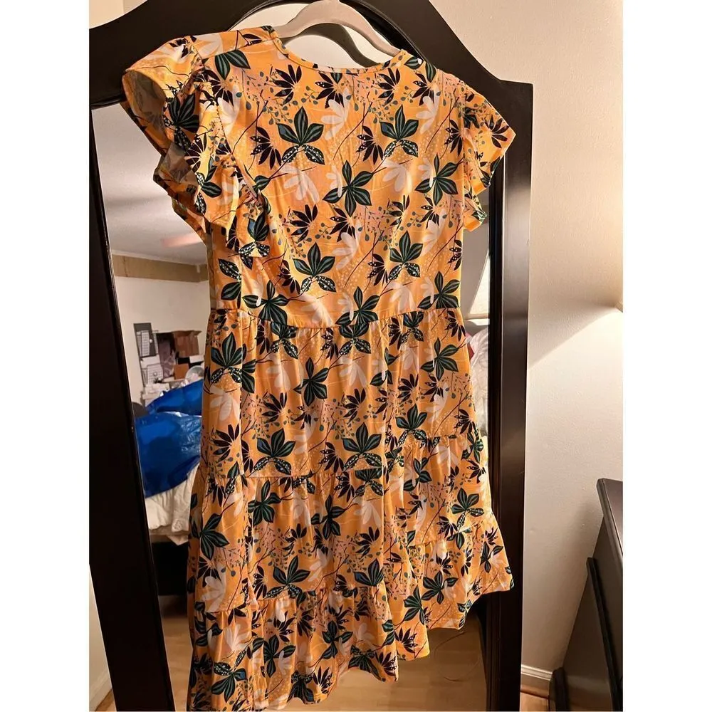 NEW Beach Cute Ruffle Sleeve Mini Sundress Flowy Tiered Babydoll S Yellow - Image 2