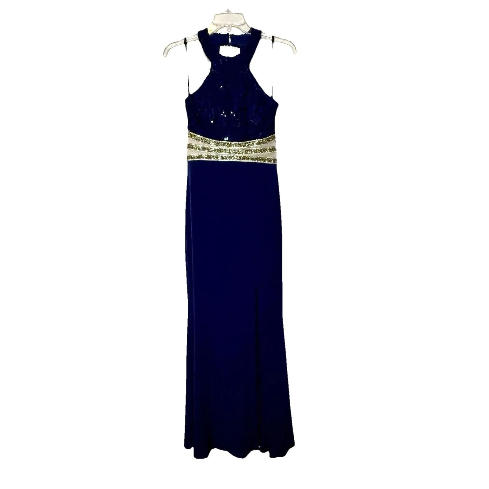 SPEECHLESS  Lace and Jersey Y-Neck Dress Beaded Waist 5 Navy Blue Party Dress - Image 3