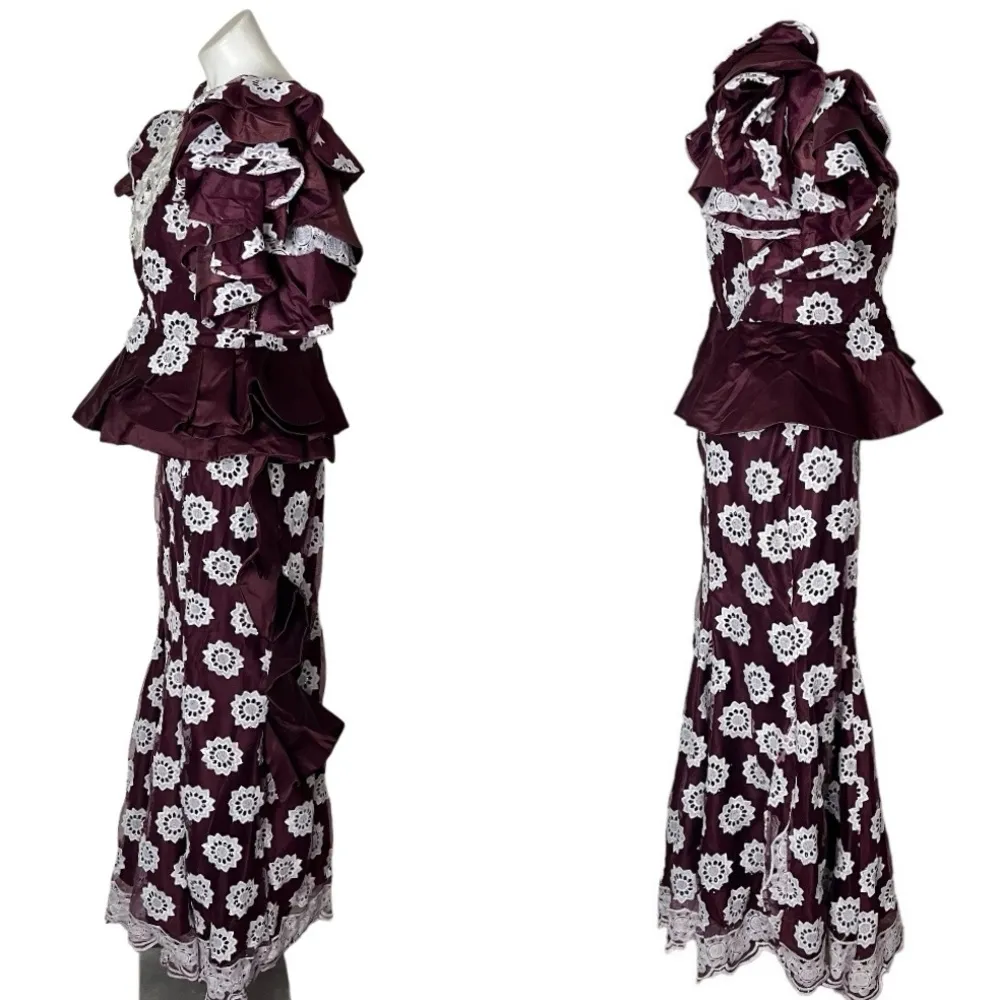 HANDMADE Lace African Style Formal Top Skirt Burgundy White Hand Crafted Size M - Image 3