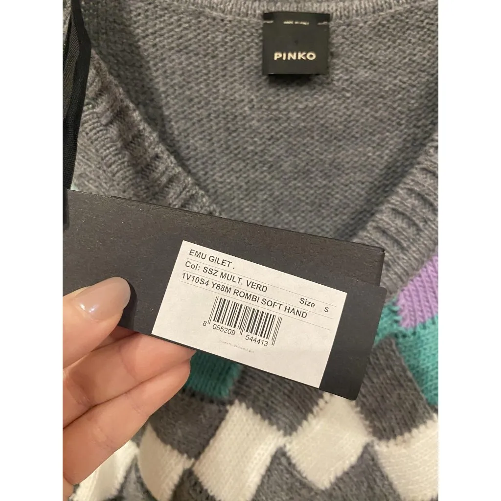 Pinko Sweater Vest Womens Medium Gray Argyle Emu Gilet Rombi Soft Hand Italy - Image 4