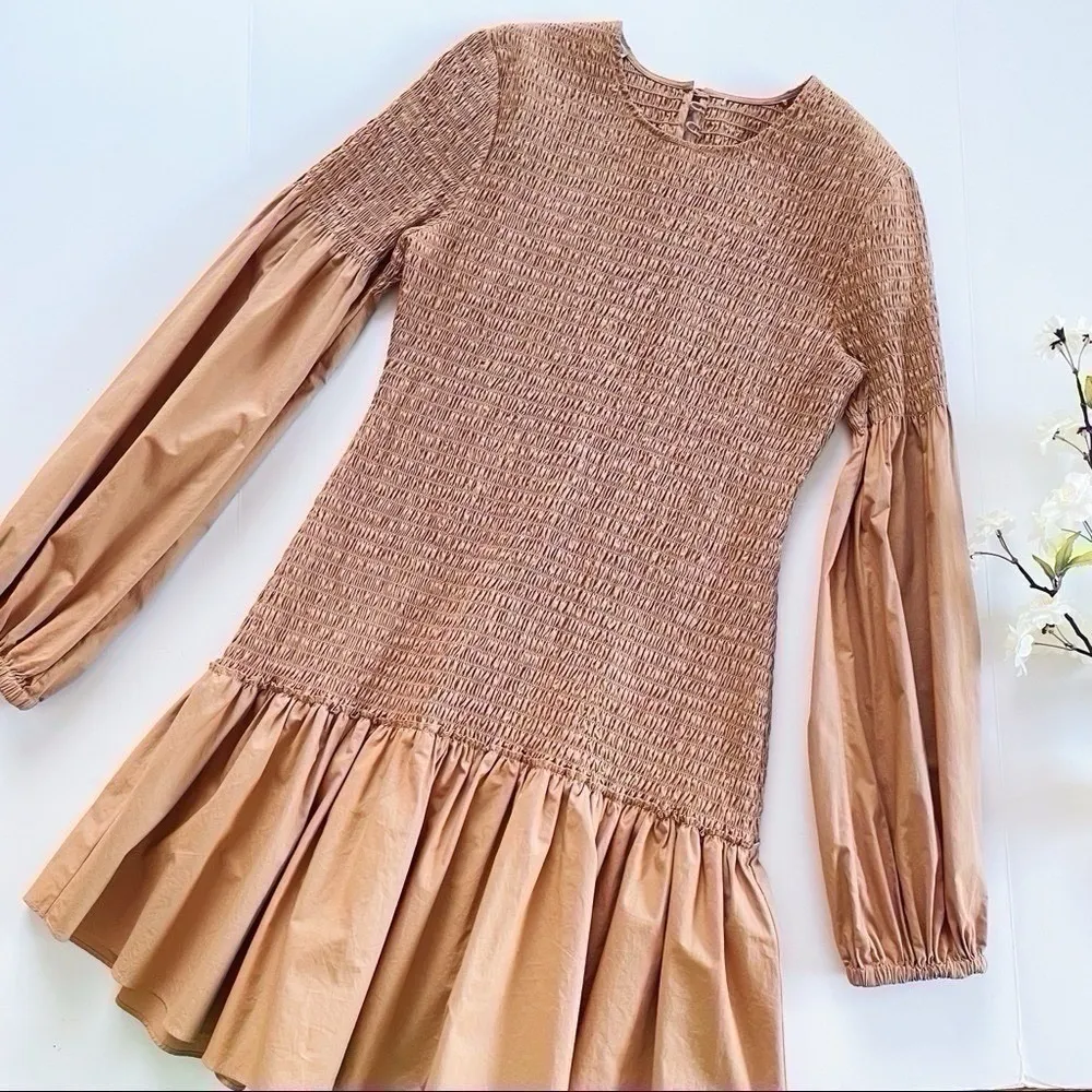 NEW A.L.C. Women’s Kora Smocked Puff Sleeve Mini Dress Desert Beige - Image 9