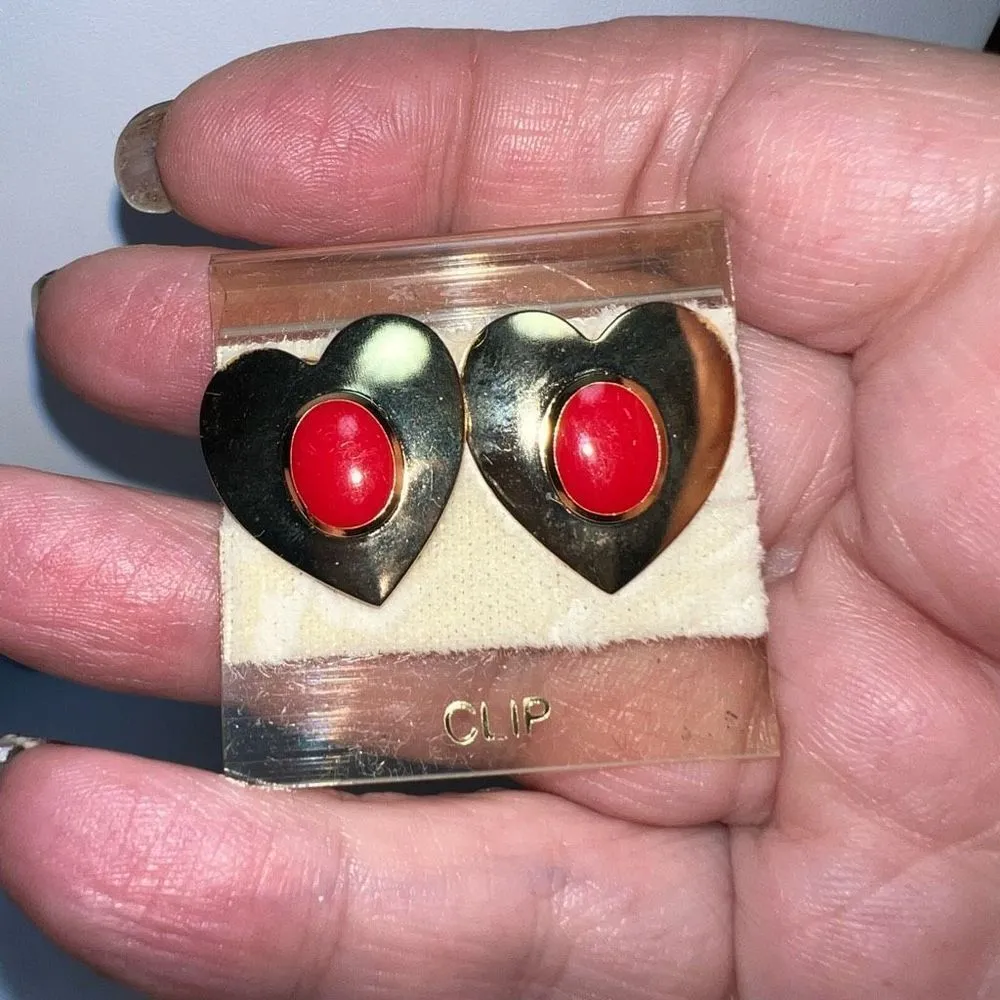 Vintage Deadstock Gold Tone and Red Enamel Heart Clip on Earrings Gold - Image 6