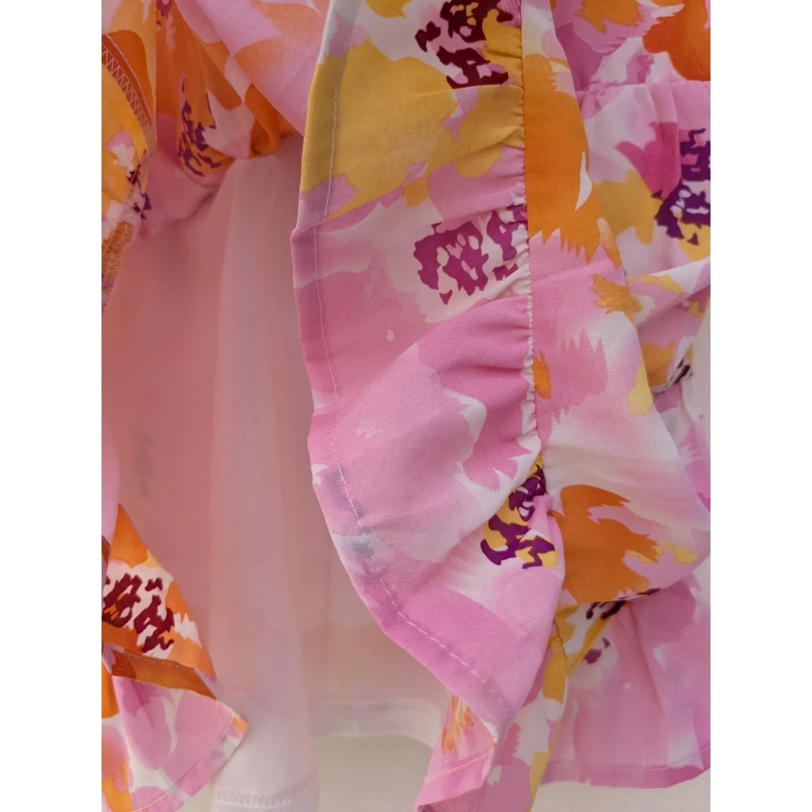 Entro Women's Blouse Top Babydoll V Neck Floral Print Colorful Pink Orange Sz M - Image 8