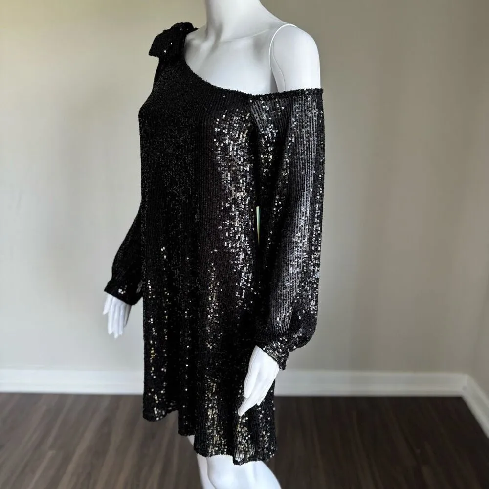 CeCe One Shoulder Sequin Dress With Bow NWT Black - Image 5