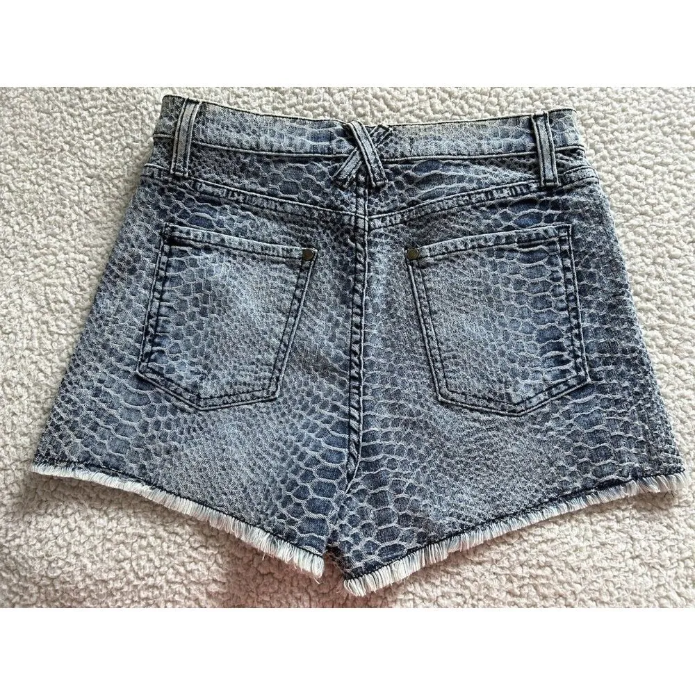 Pistola High Waist Raw Hem Croc Skin Pattern Blue Denim Shorts Size M - Image 2