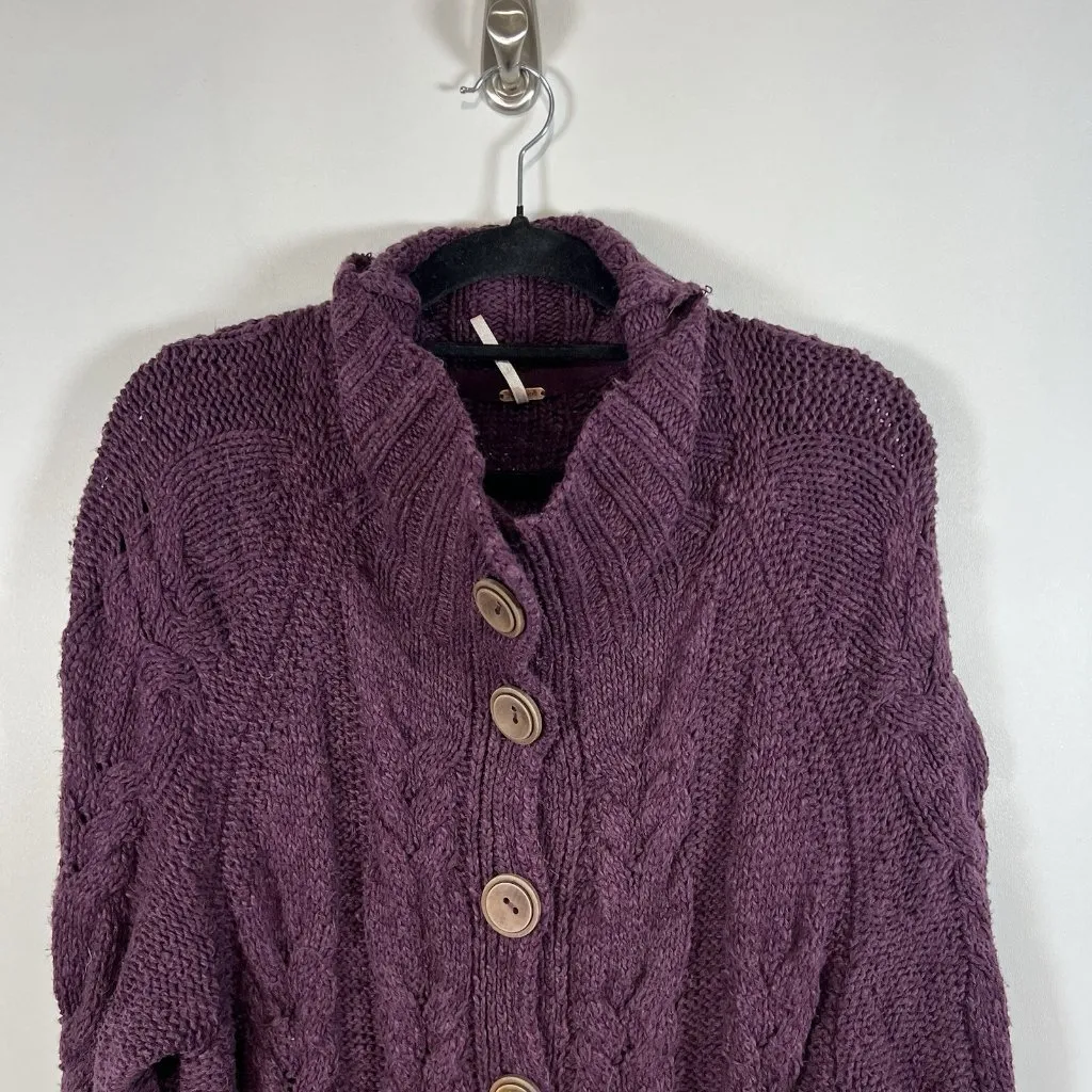 FREE PEOPLE Sz Small ESPRESSO CABLE KNIT CARDI CARDIGAN SWEATER Violet‎ Panther - Image 3