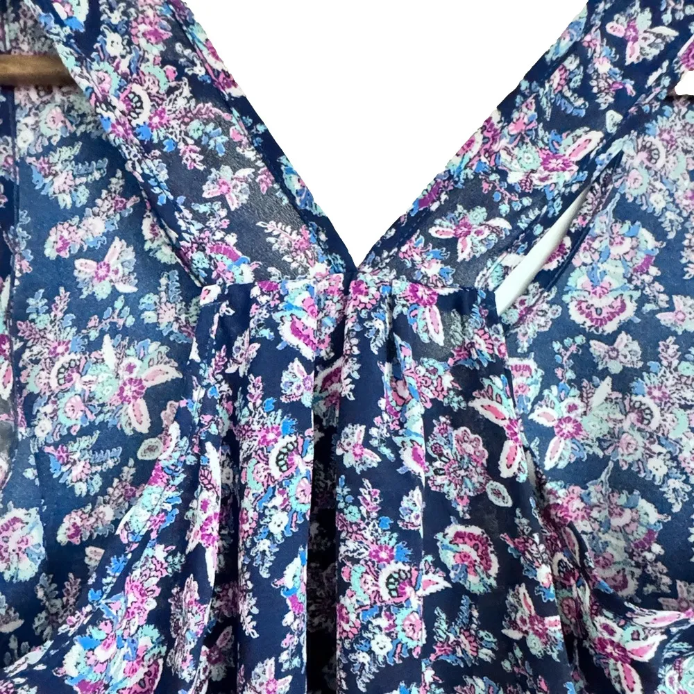 Pink Rose Henley Tank Top Women's L Blue Pink Teal Floral Crossback Shirt - Image 3