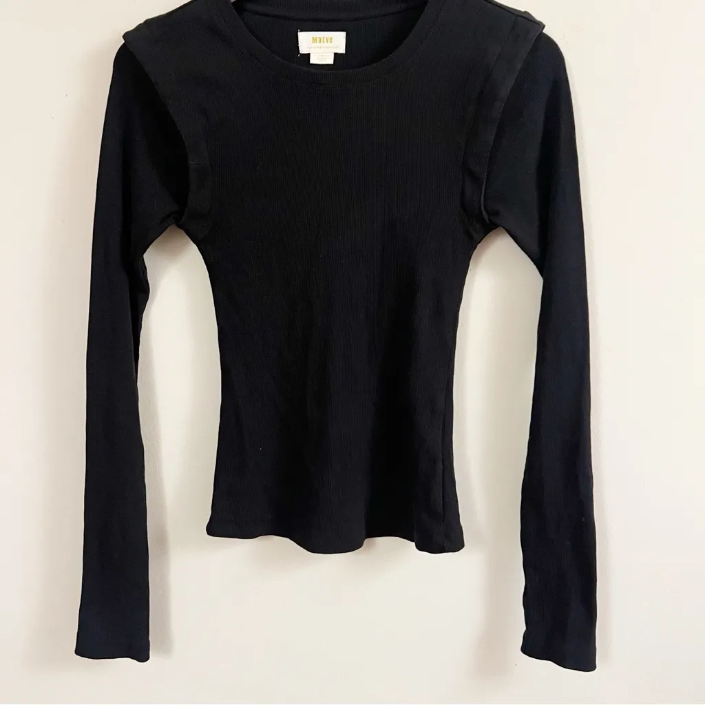 Anthropologie Maeve Black Ribbed Long Sleeve Top Ruched Layered Shoulder XS - Image 5