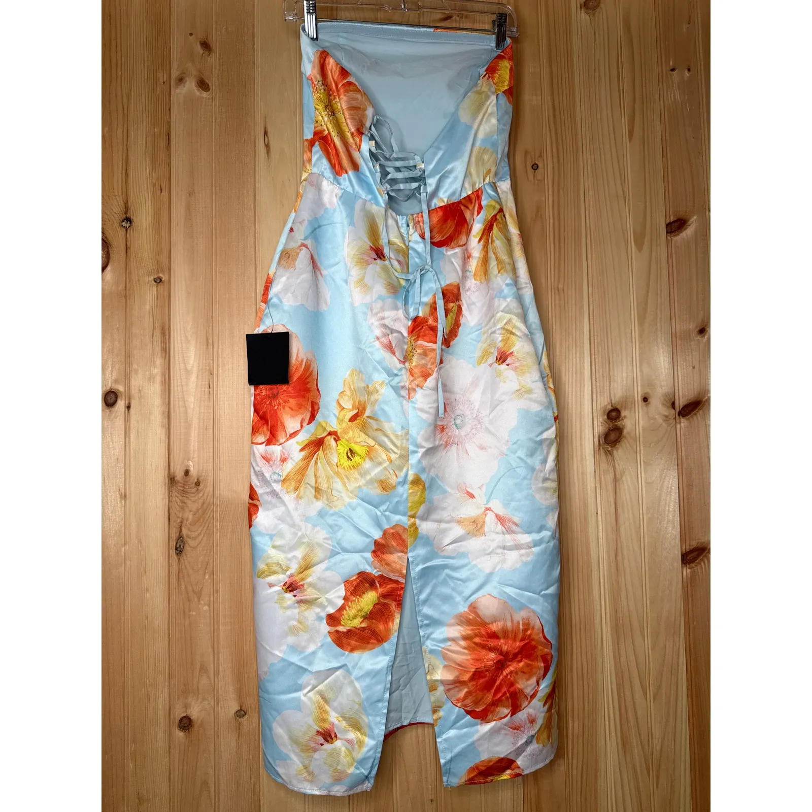 NWT Lulus Oriana Light Blue Floral Satin Strapless Midi Dress Cocktail Formal M - Image 5