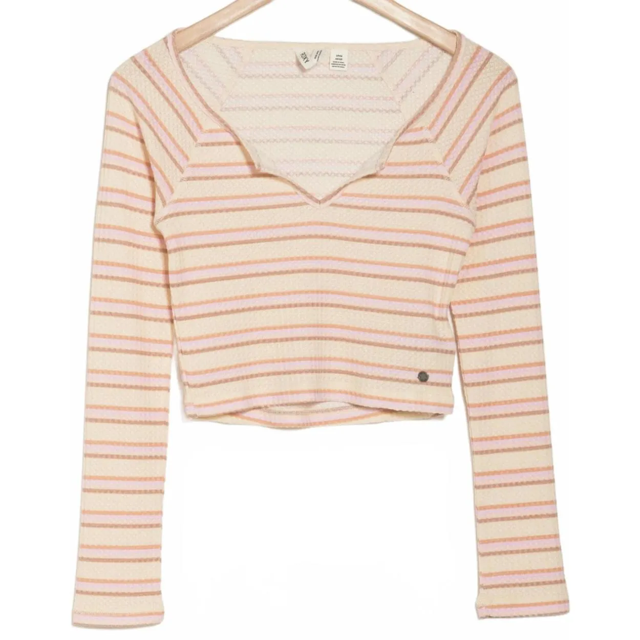 Roxy Waffle Knit Soft Long Sleeve Crop Top Tan Pink Stripes NWT Medium - Image 2