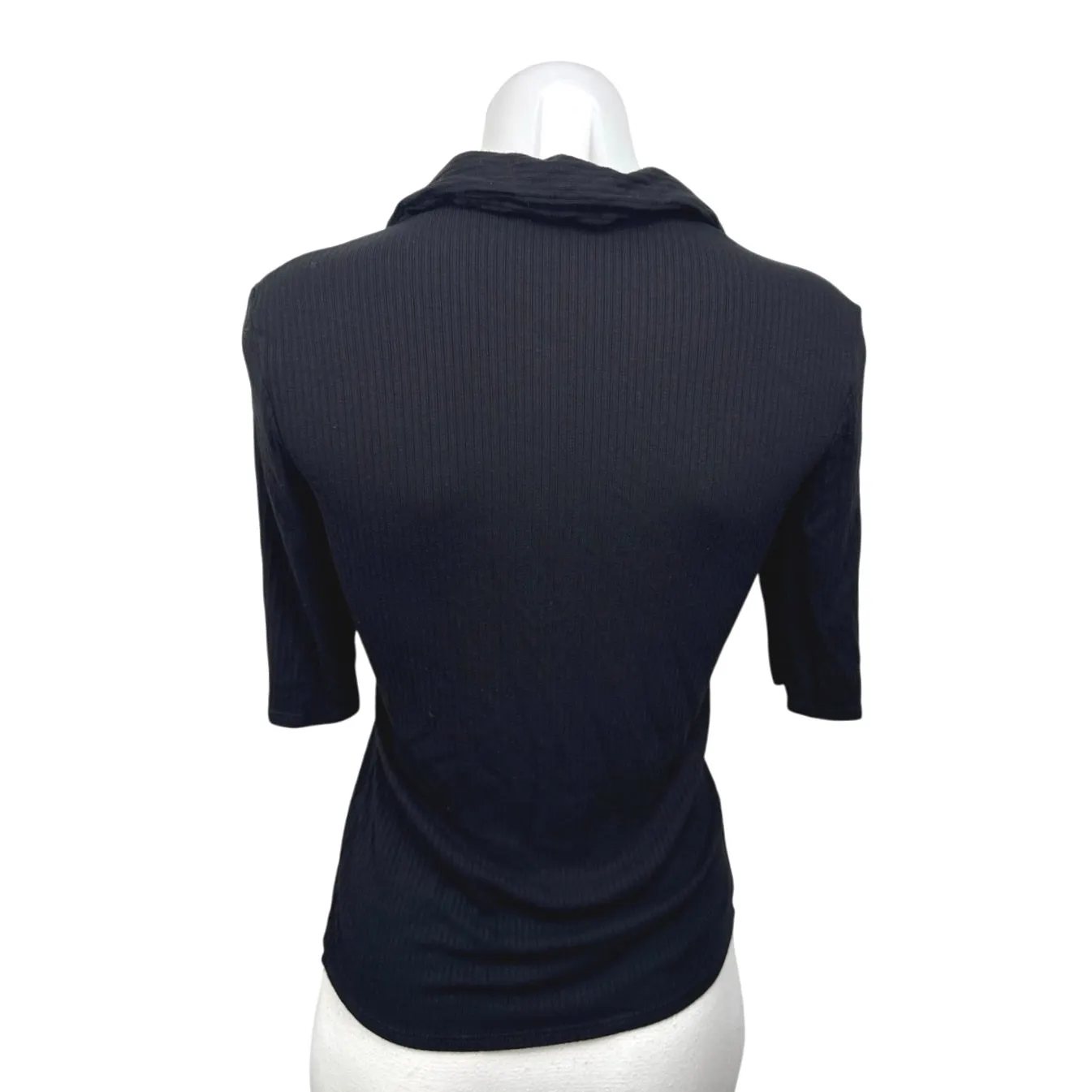 MNG Mango Women's Black Rib Knit Collared Button Half Sleeve Polo Sweater Top S - Image 2