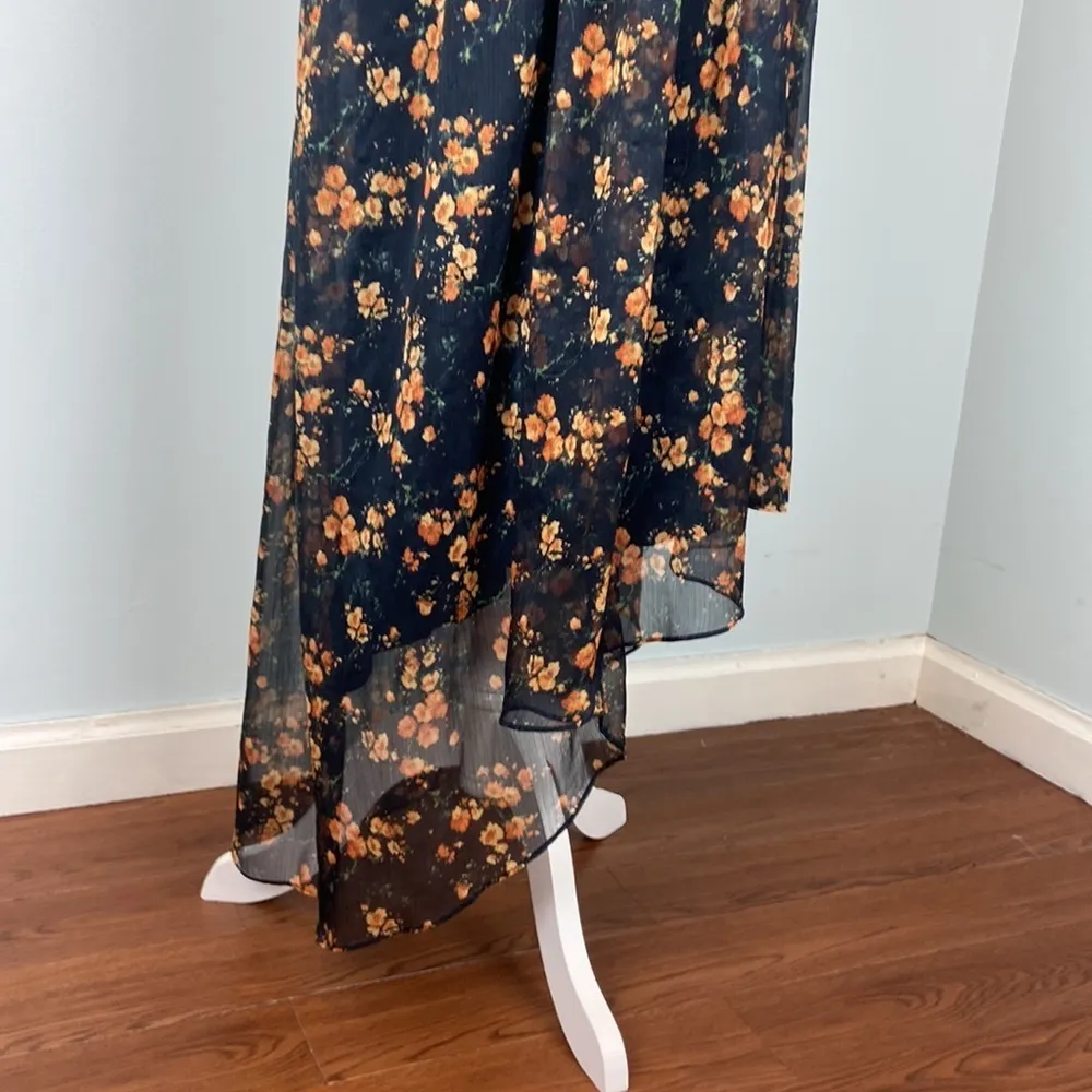 Zara Floral Sheer High Low Dress Halter Ruffles Size Small Orange Black - Image 14