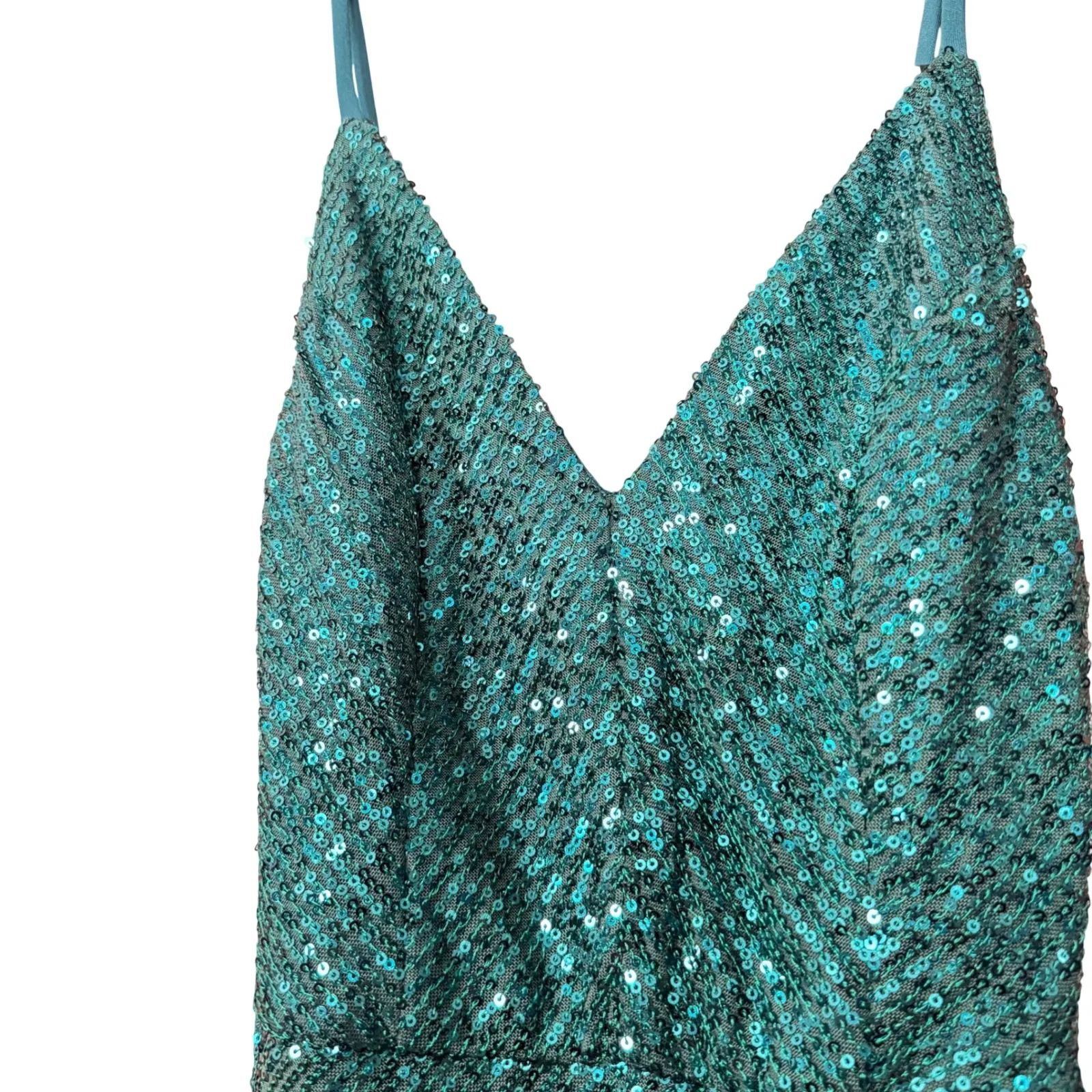 Sequin V-Neck Spaghetti Strap Lined Mini Dress Green 0 Festive Party Club Rave - Image 2