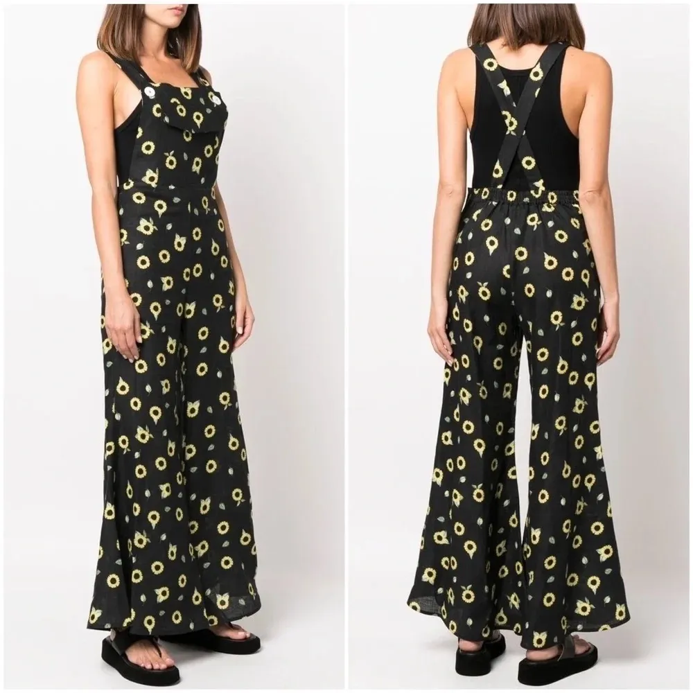 SLEEPER • Baccara Linen Jumpsuit overall black yellow sunflower print flare leg - Image 15