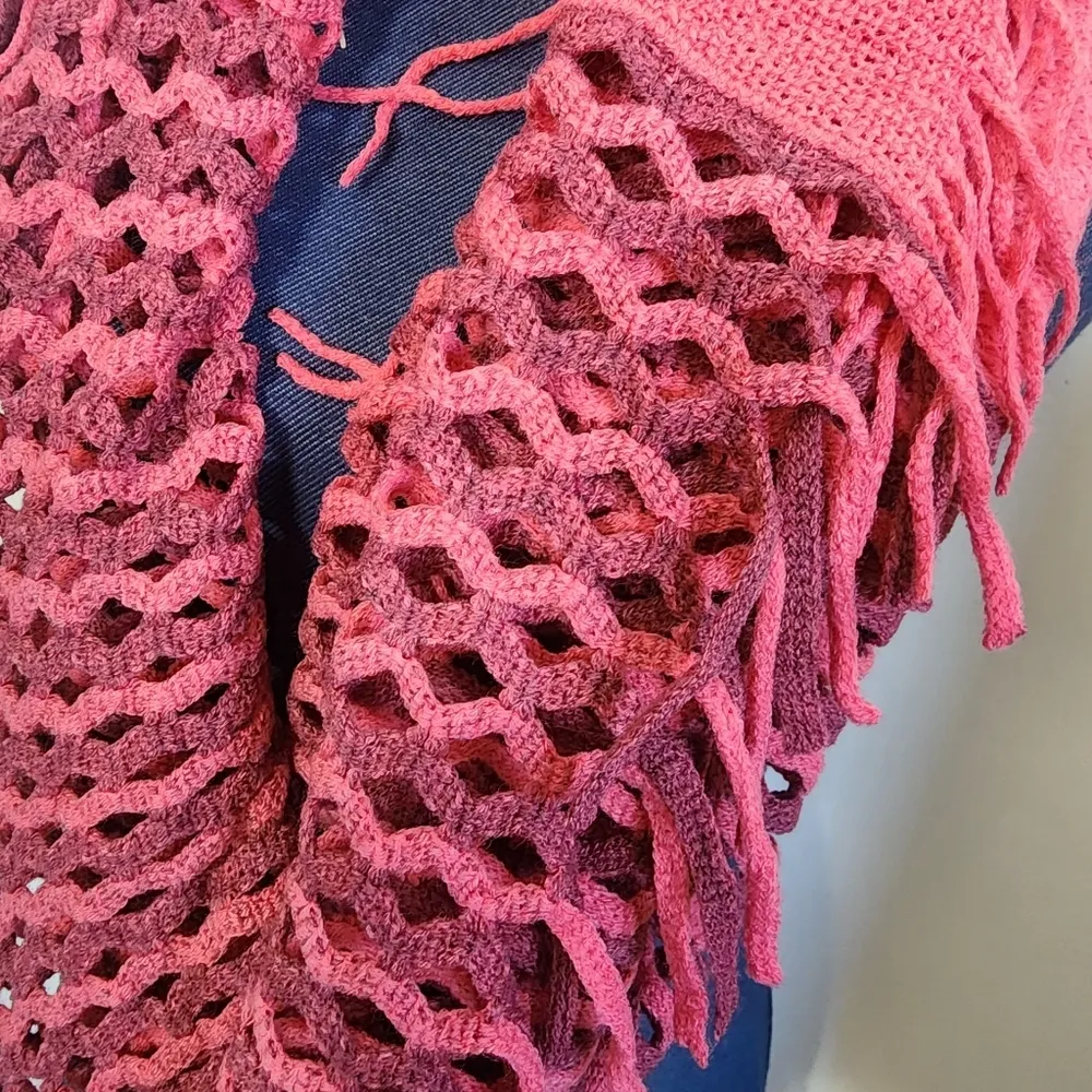 Coral Fringed Infinity Scarf with an Open Knit Design Pink - Image 5