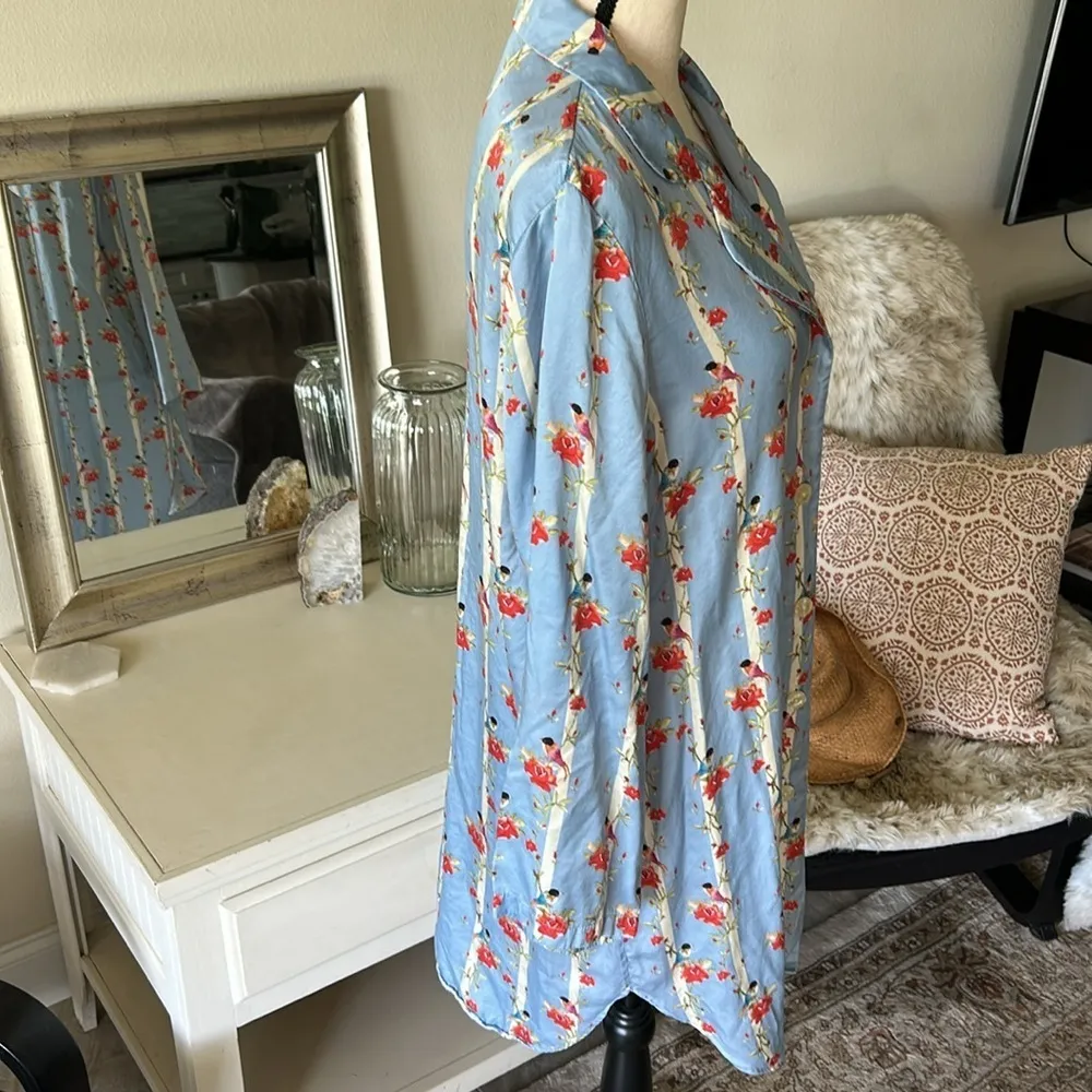 Novelty bird floral blue striped silk viscose button down night shirt M L​​​ - Image 8