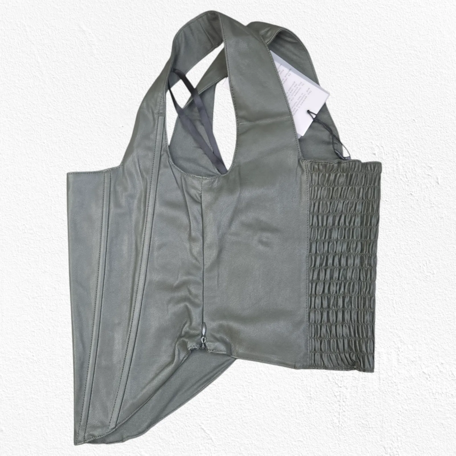 7 for all Mankind Olive Green Faux Leather Wide Tank Top Corset Crop Top Size XS - Image 12