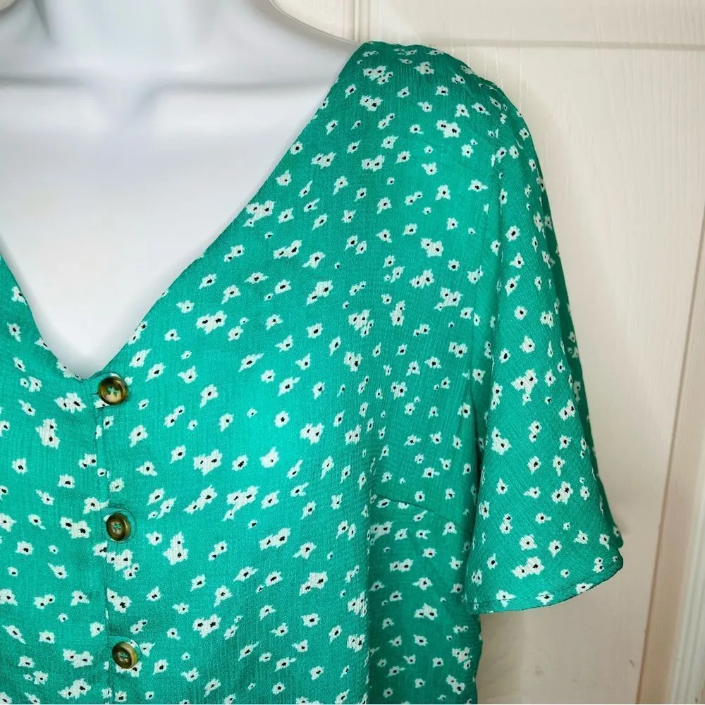 Charming Charlie  Floral  Flutter Sleeve Tie Front Button Blouse Teal Green M - Image 4