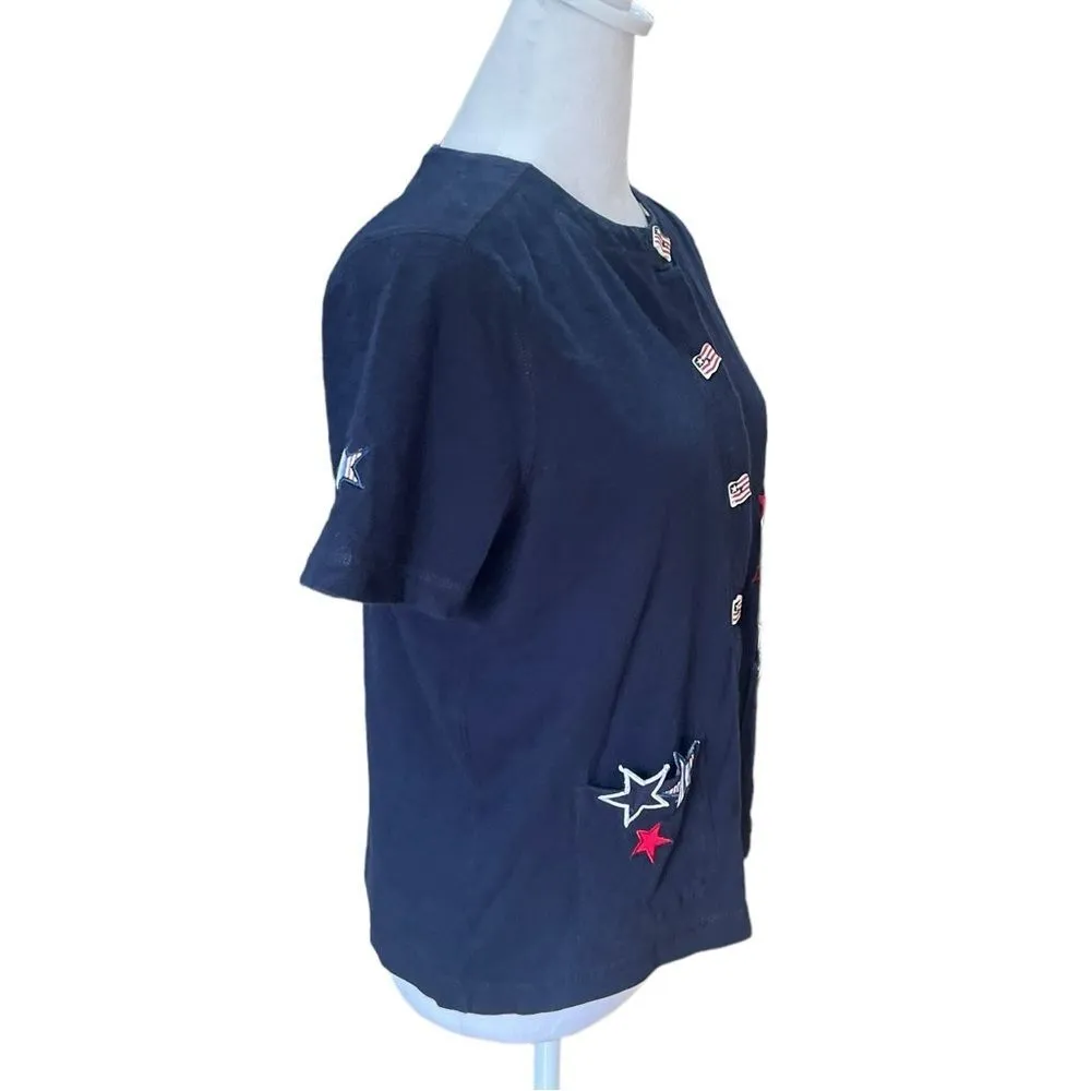 Onque Petite Patriotic Flag Stars Button Up Sweater Short Sleeve Red White Blue - Image 4