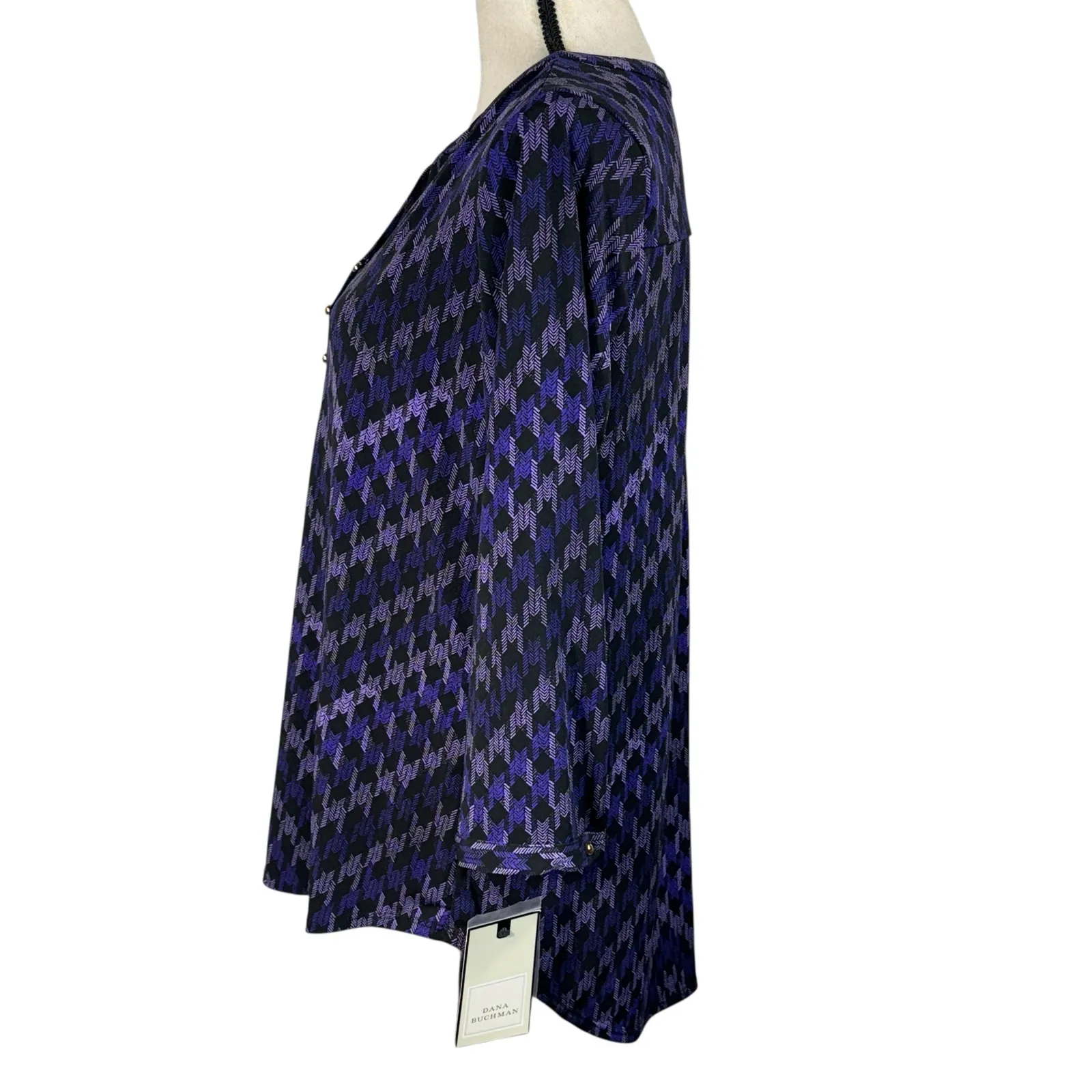 Dana Buchman Large Top Herringbone Stretch 3/4 Sleeve V-Neck Hi-Low Hem Purple - Image 6