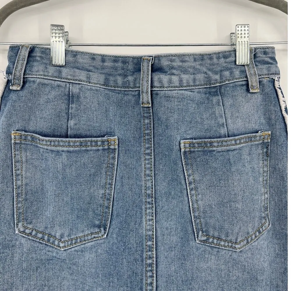 En Creme Y2K Cut Off Denim Mini Skirt Sz S Festival Grunge Distressed Raw Edge Blue - Image 7