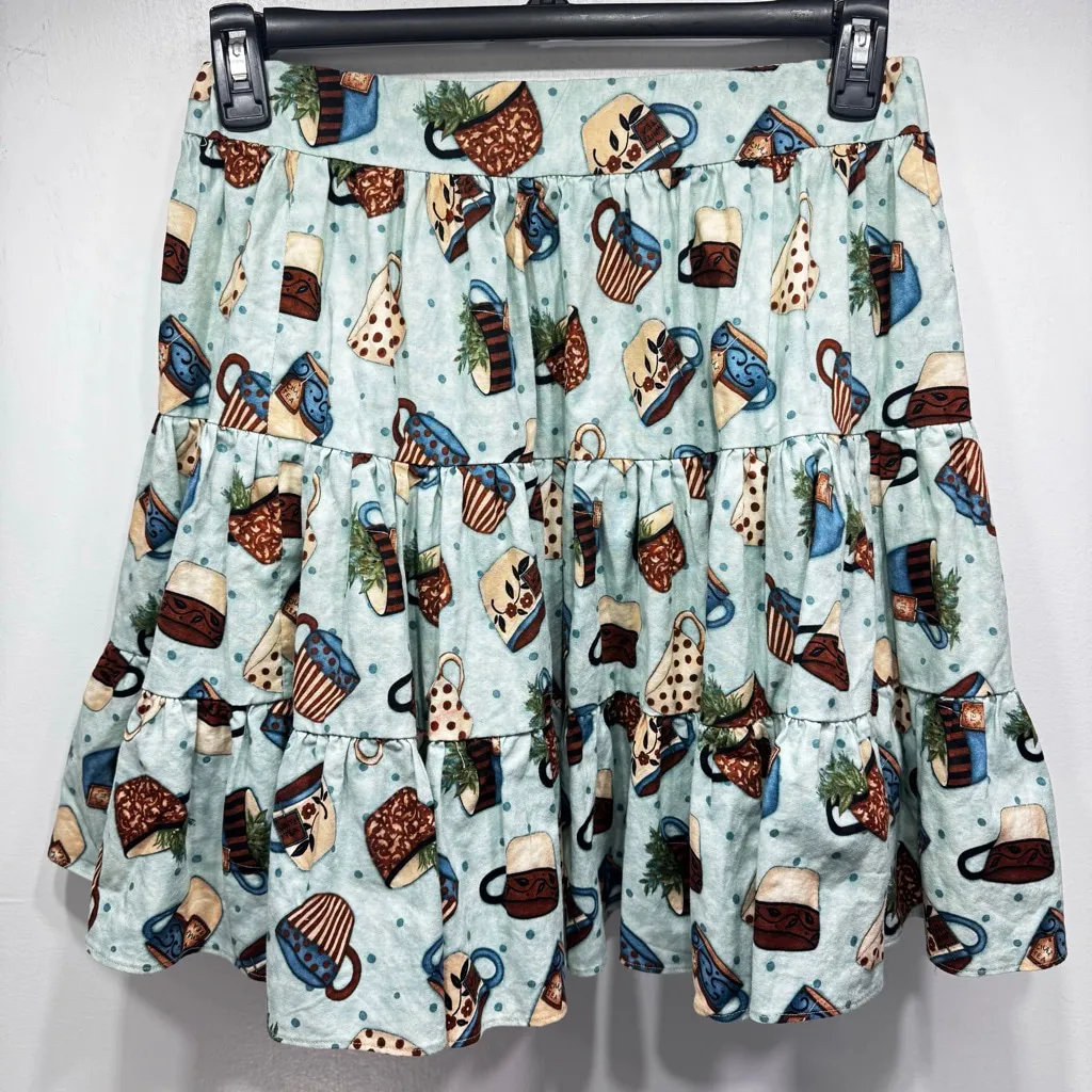 Vintage Handmade Skirt and Shirt Set Whimsical Teacups Polka Dots Ruffles Lace Green Size M - Image 5