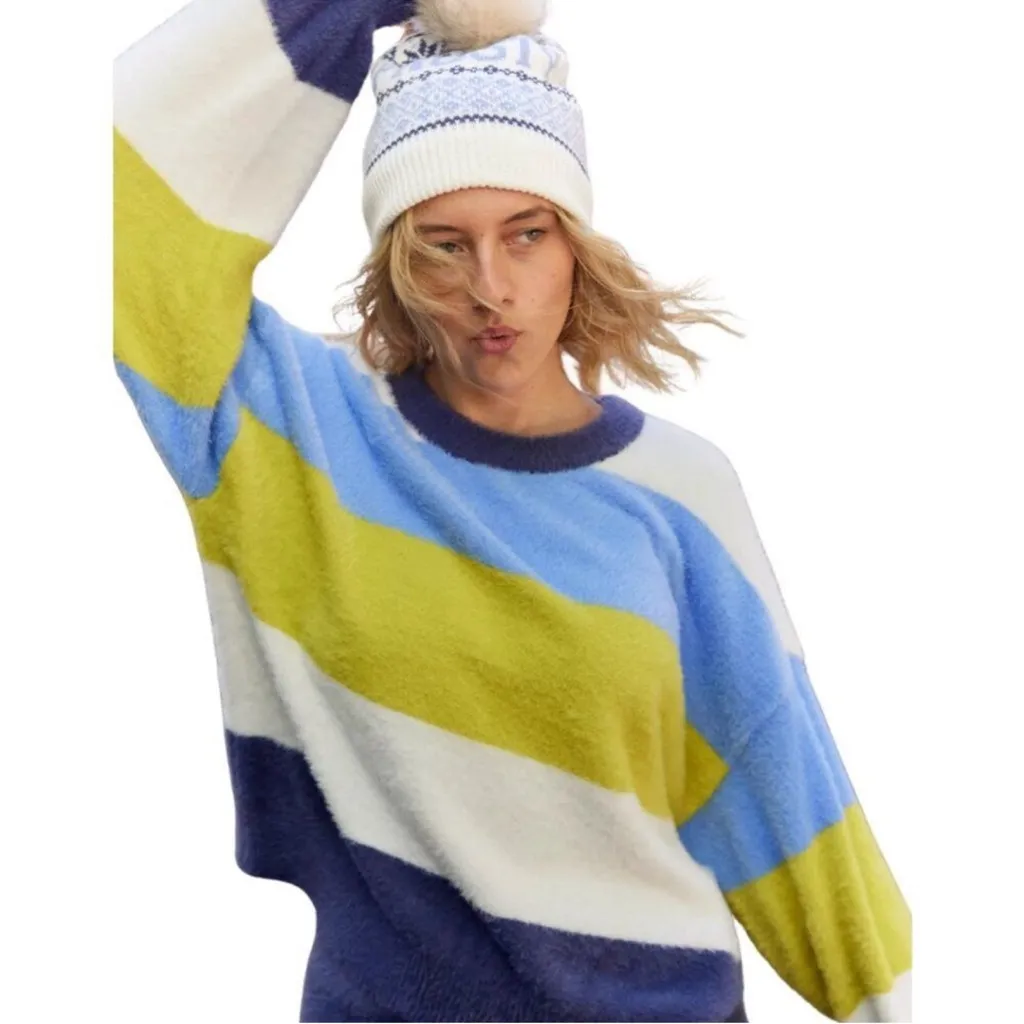 NWOT Aerie - Flurry Fuzzy Crewneck Oversized Sweater in Multi Color Stripes - Image 2