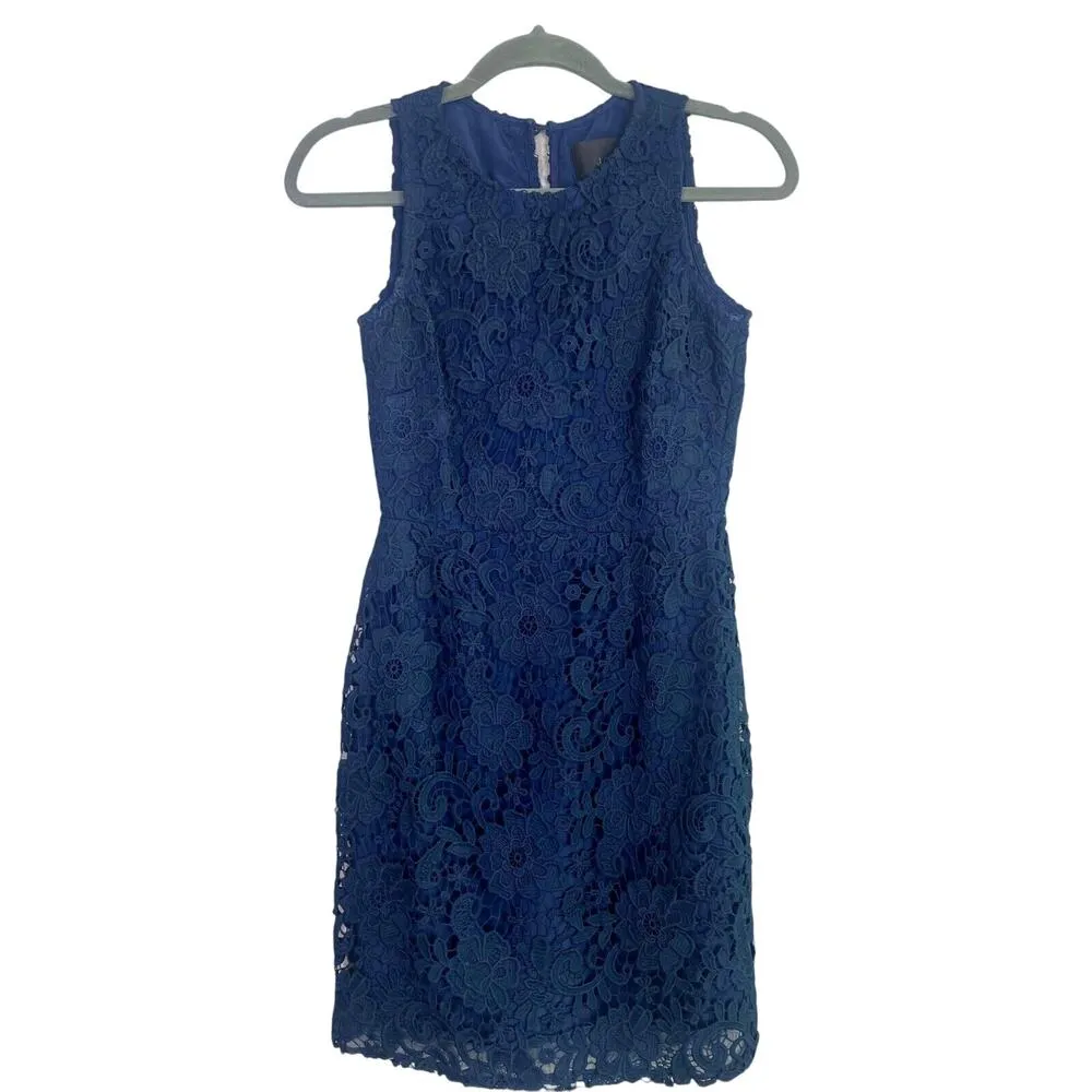 J.Crew Sleeveless Floral Lace Sheath Mini Dress Key Hole Back Zip 00 Navy Blue - Image 2