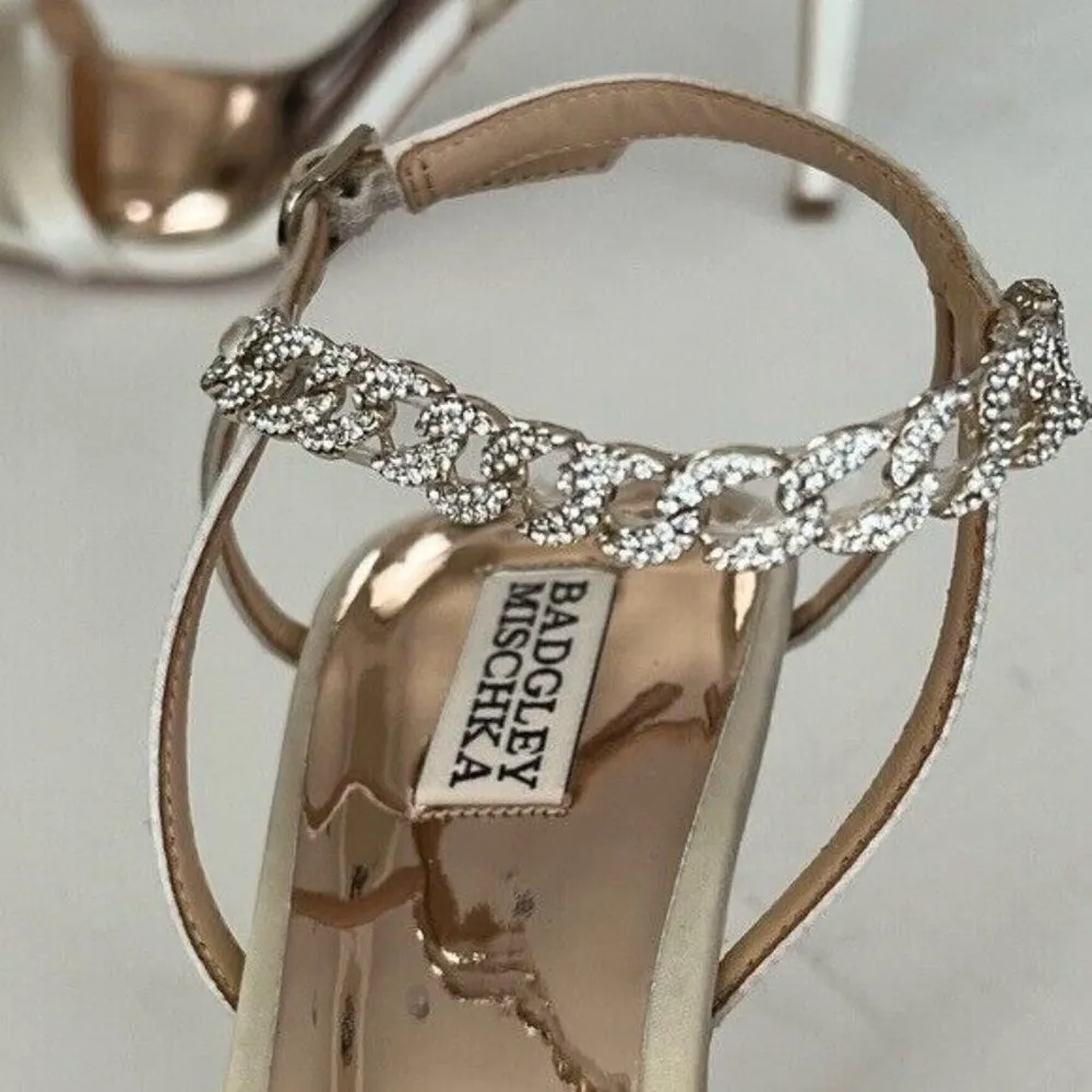 BADGLEY MISCHKA Kai Stiletto Satin Open Toe Rhinestone Ivory Heels Size 10 - Image 8