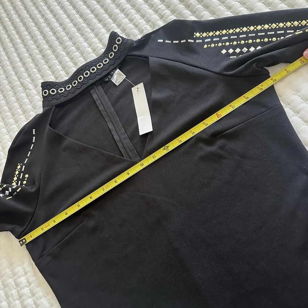 Venus Silver Tone Studded Long Sleeve Cut Out Chest Shirt Top Sz L Large NWT - Image 6