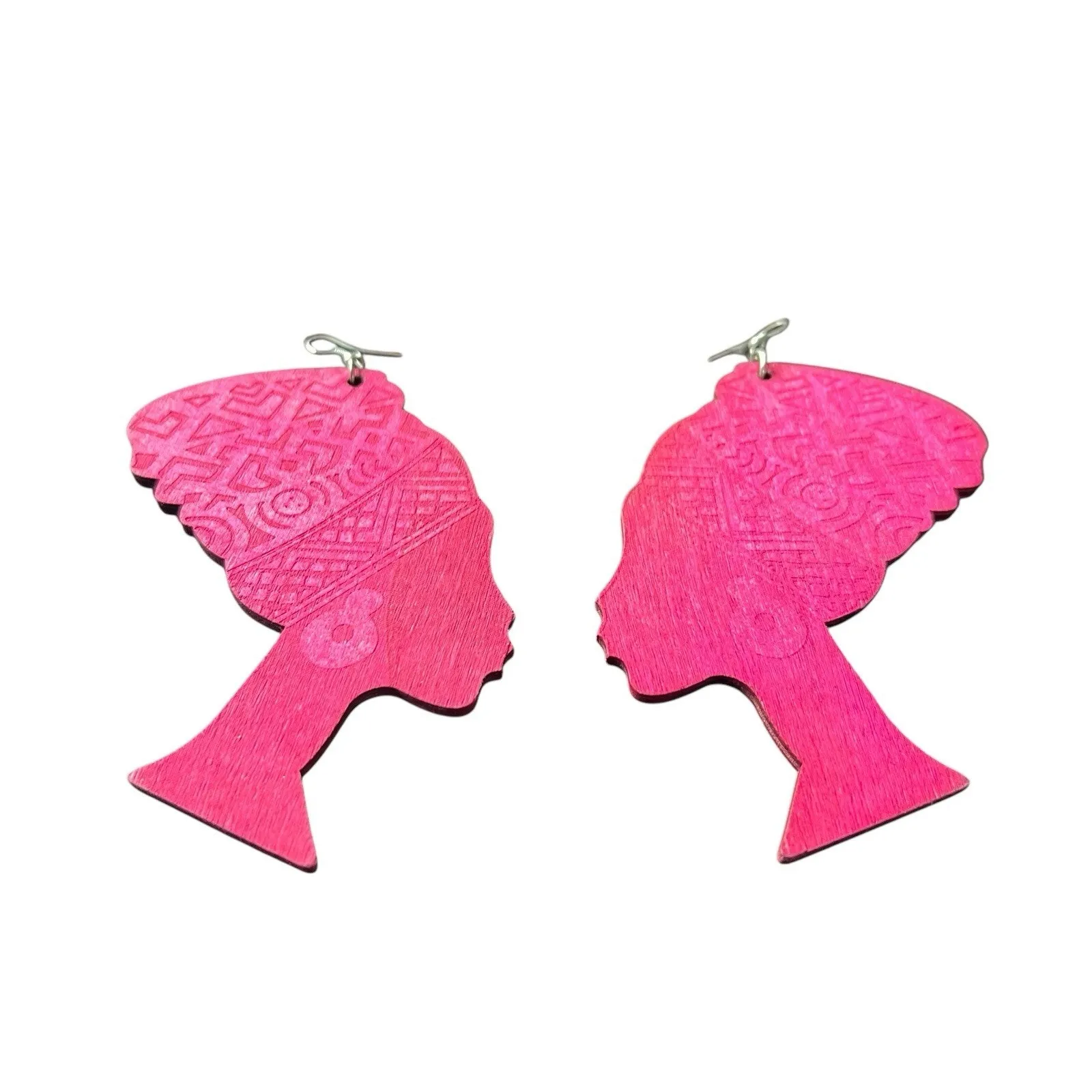 Queen Nefertiti African Silhouette Pink Wooden Earrings Headwrap Design - Image 2
