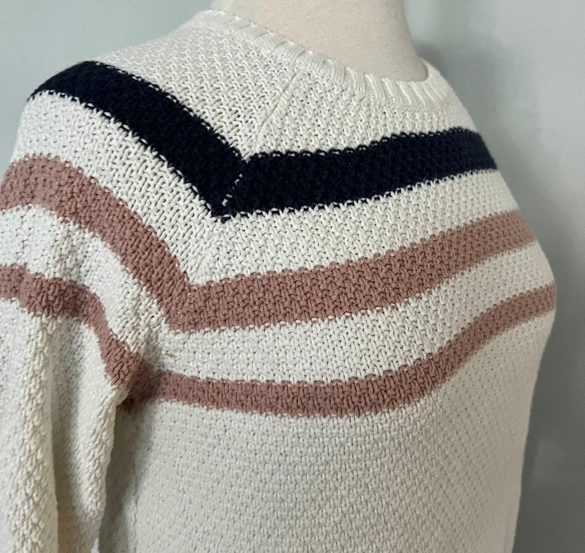 White Navy Blue Blush Knit Striped Pullover Sweater - Image 6