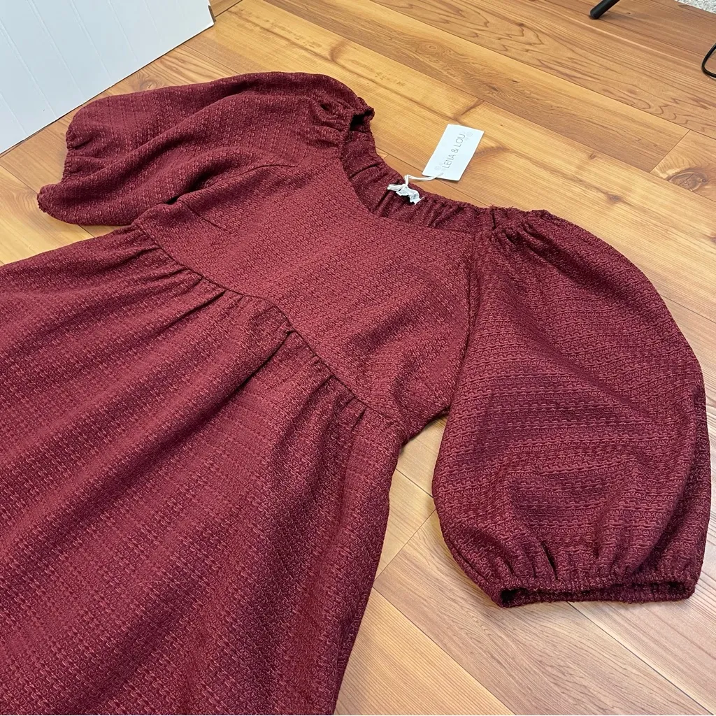 Lena & Lou Deep Red Woven Empire Waist Babydoll Midi Dress Puff Sleeves 1X New - Image 3