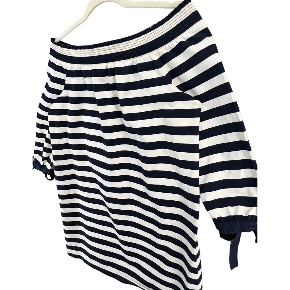 J Crew Dress S Blue White Striped Muslin Off Shoulder Smocked Nautical Preppy - Image 3