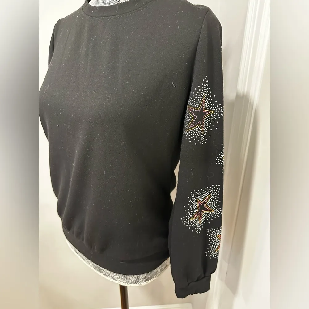 Women’s Remi Jones Black Crew Neck Pullover Top. Sparkle Star Sleeves. Small. - Image 3