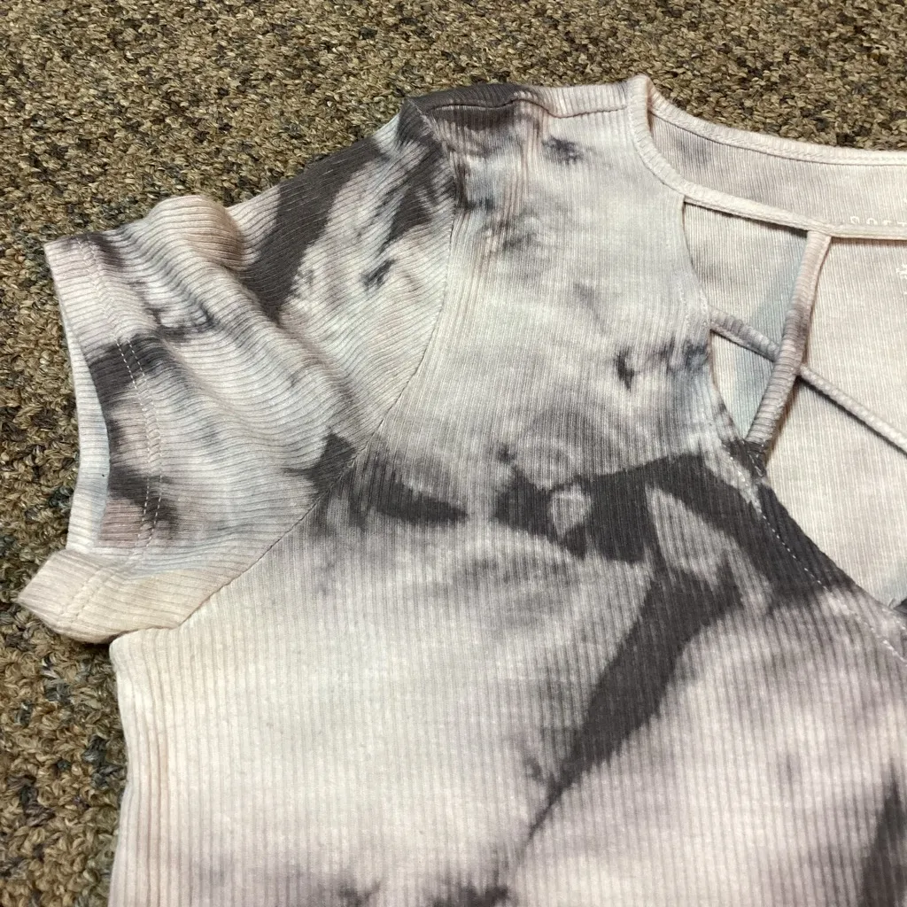 American Eagle White Gray Tie Dye Ribbed Criss Cross V-neck Short Sleeve Tee * S - Image 4