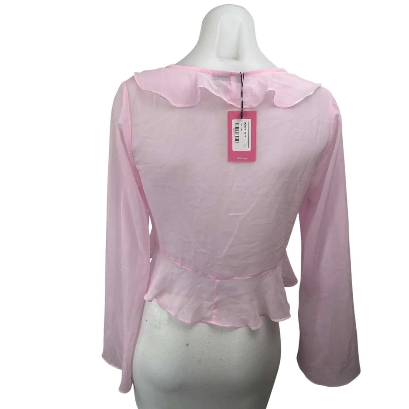 NEW Edikted Pink Ruffle Tie Front Long Sleeve Sheer Peplum Crop Coverup Top Sz S - Image 2