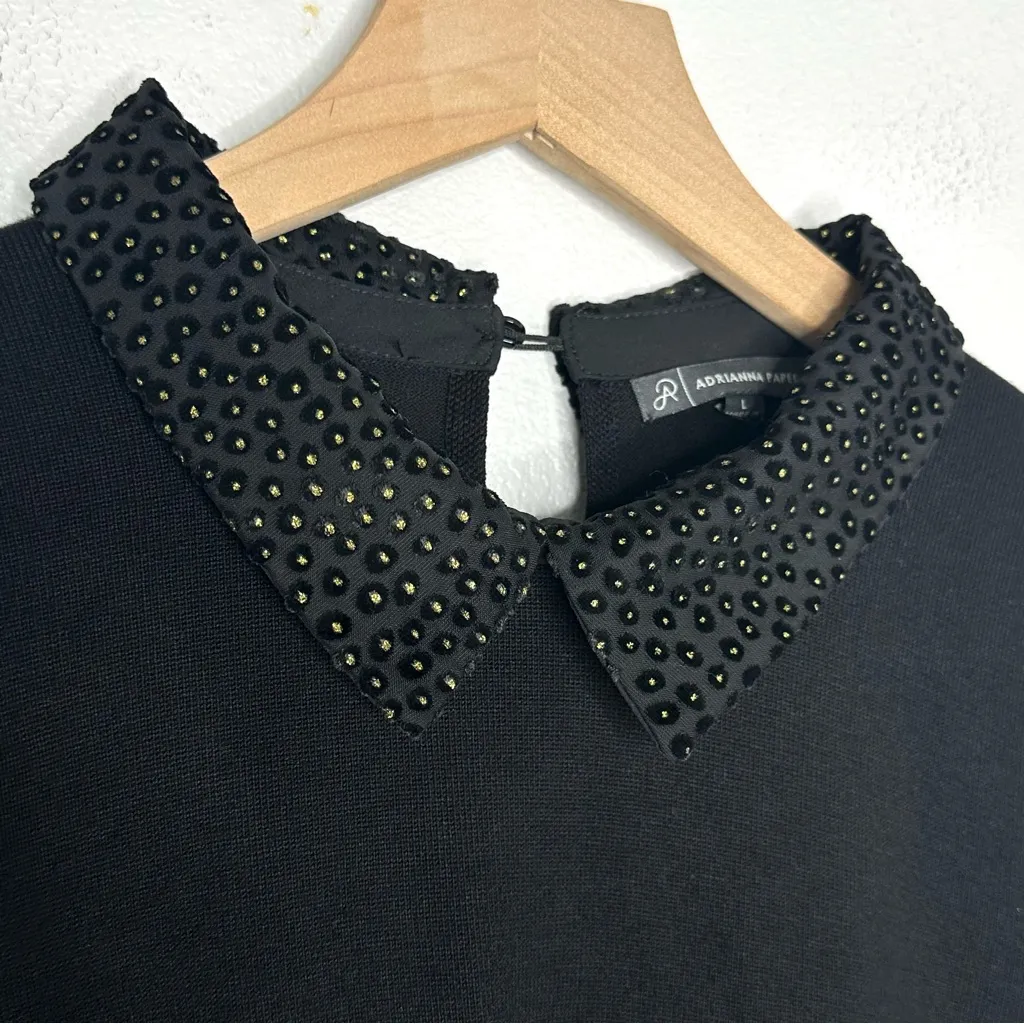 ADRIANNA PAPELL BLACK BLOUSE size  L Gold COLLAR SHIRT Twee preppy party - Image 2