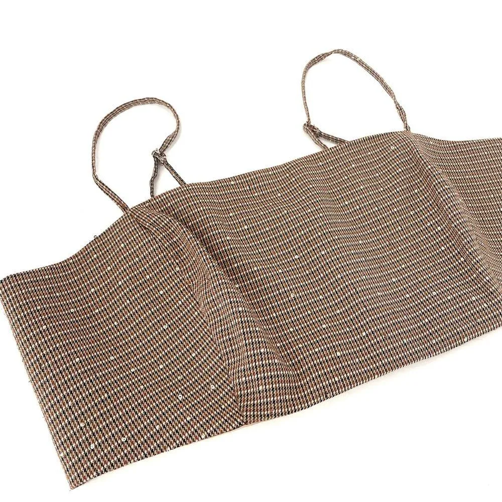 House of Harlow 1960 Smocked Sequin Woven Plaid Crop Bandeau Stretch Tank Top Size L - Image 4